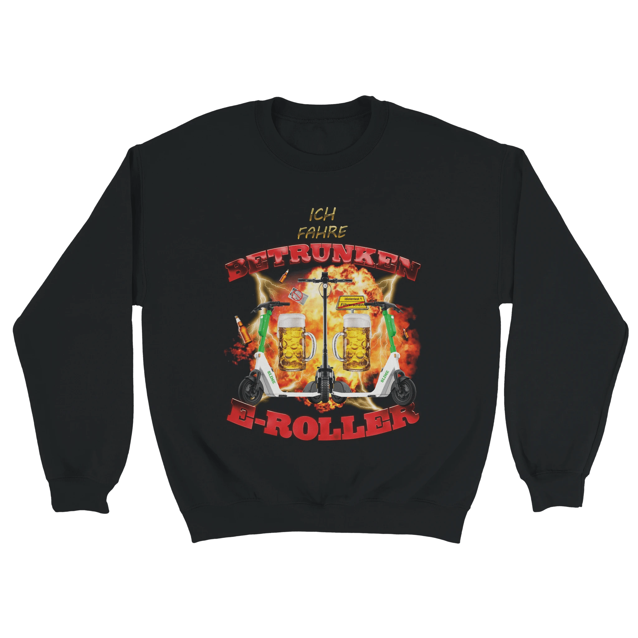 schwarzer Ich fahre betrunken E-Roller Sweater im 90s Bootleg style