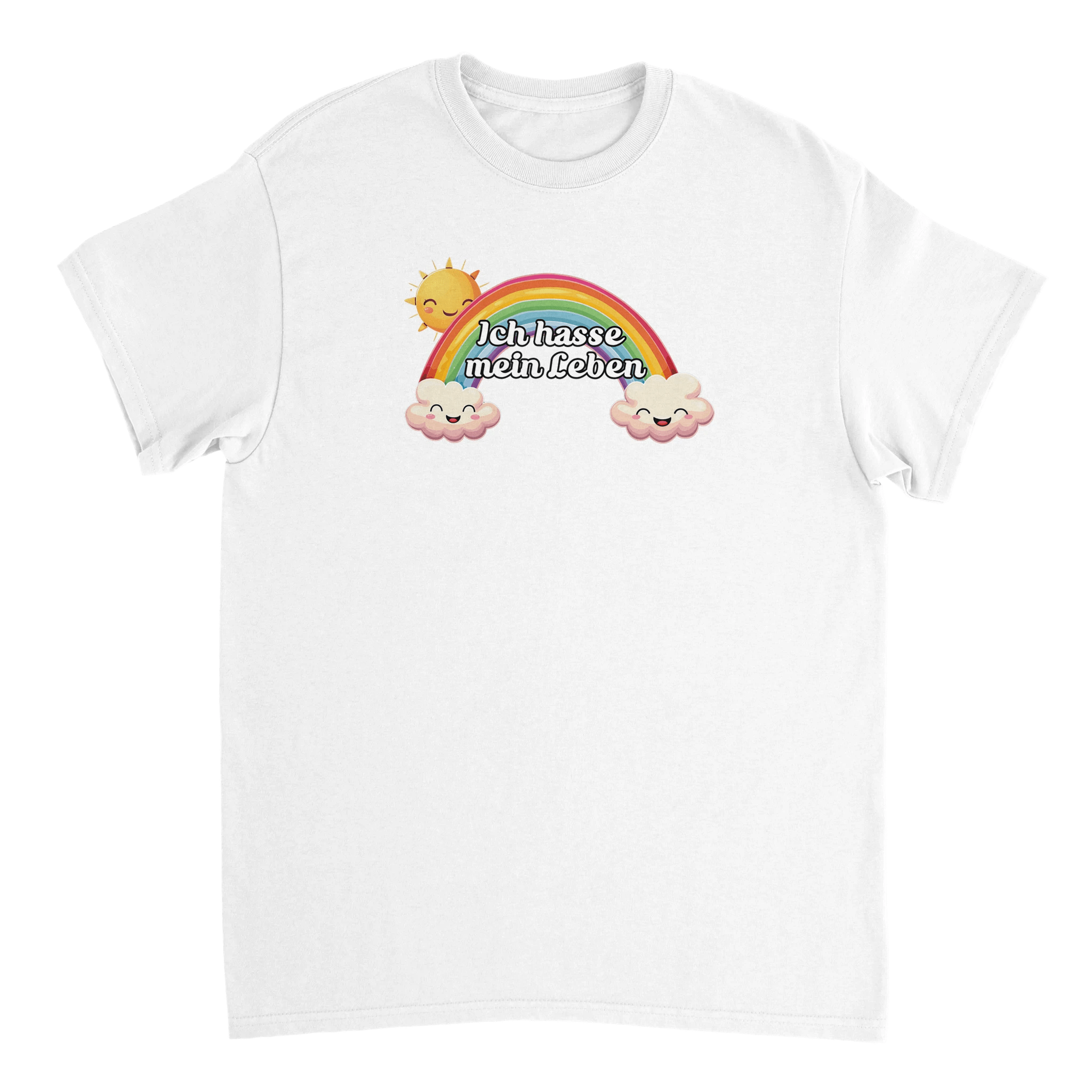 weißes T-Shirt mit einer glücklichen Sonne, Regenbogen und glücklichen Wolken mit der Aufschrift Ich hasse mein Leben