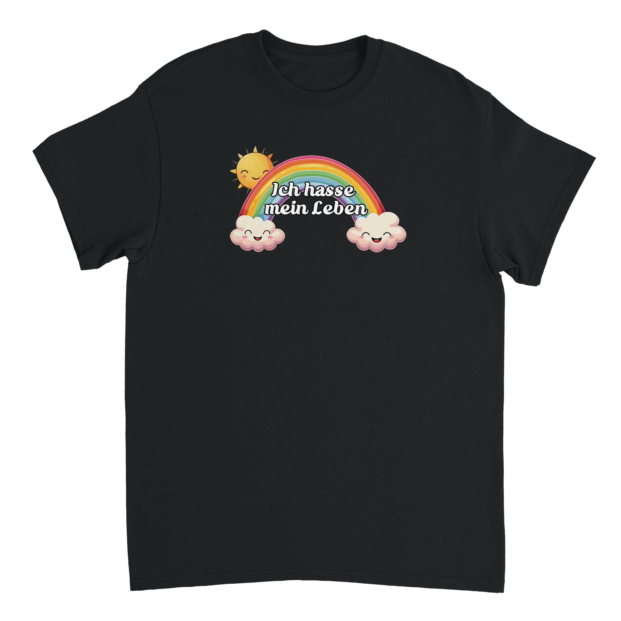schwarzes T-Shirt mit einer glücklichen Sonne, Regenbogen und glücklichen Wolken mit der Aufschrift Ich hasse mein Leben