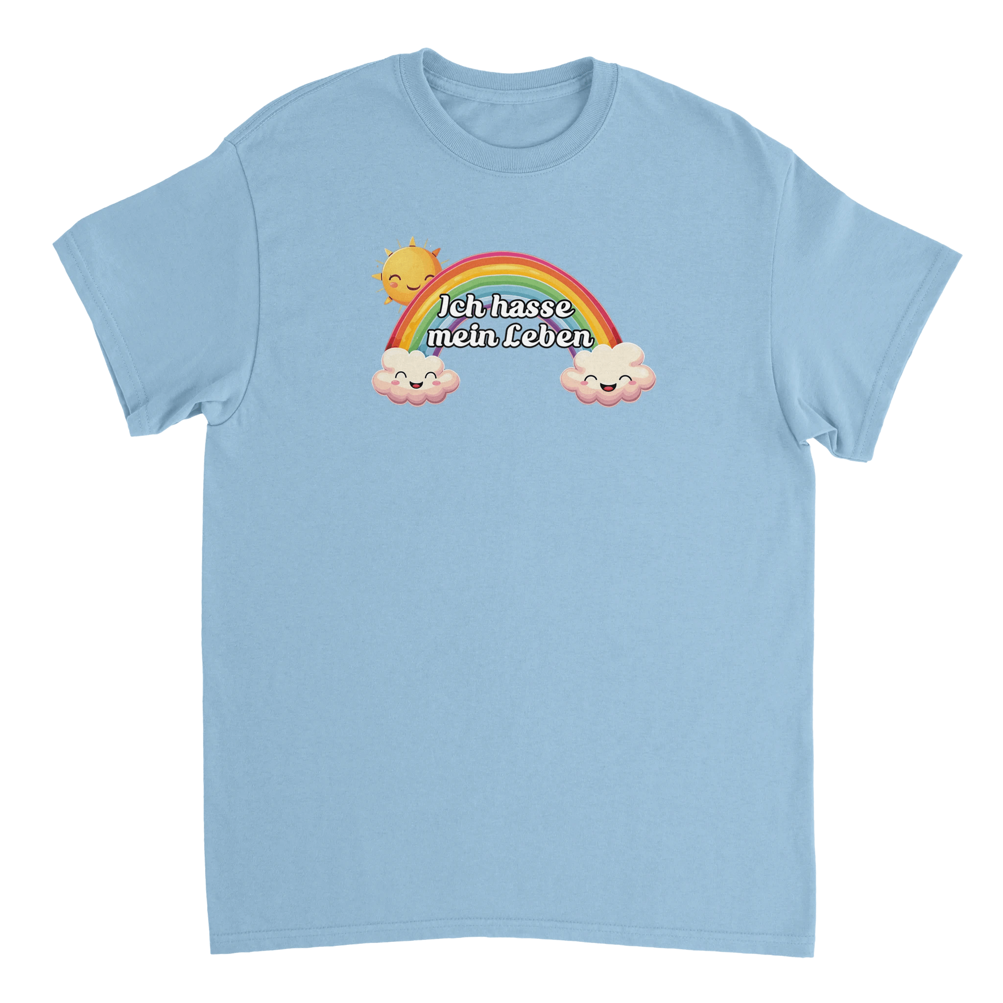 hellblaues T-Shirt mit einer glücklichen Sonne, Regenbogen und glücklichen Wolken mit der Aufschrift Ich hasse mein Leben