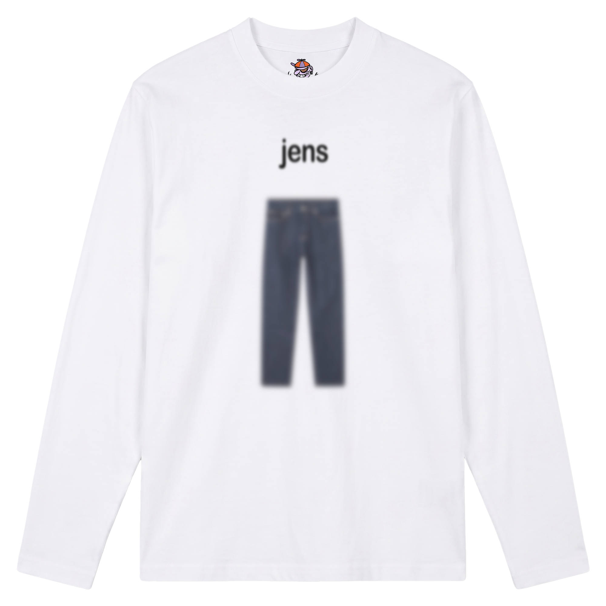 Produktbild weißes Longsleeve mit der Aufschrift "Jens" und einer unscharfen Jeans