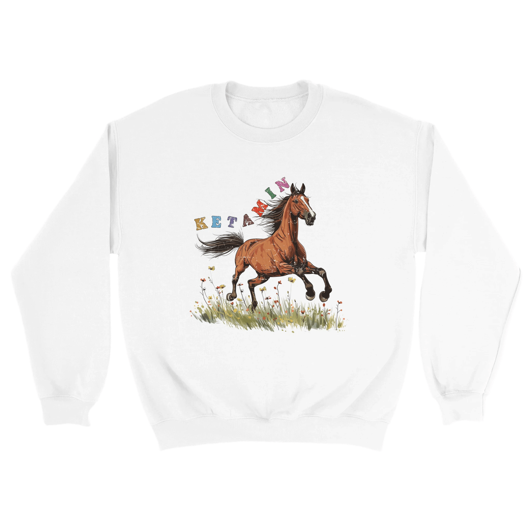 weißer Sweater mit einem Pferd und der bunten Aufschrift Ketamin