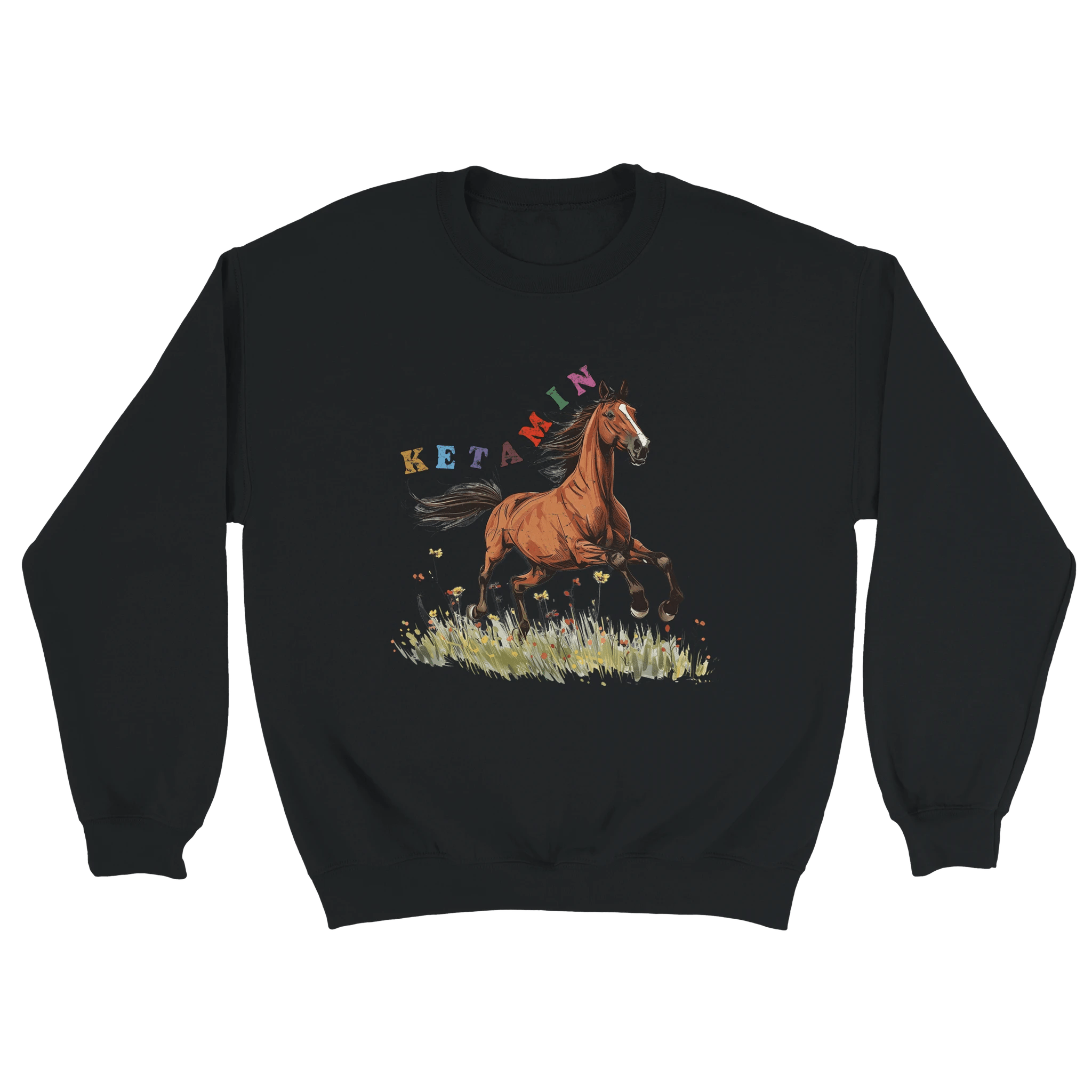 schwarzer Sweater mit einem Pferd und der bunten Aufschrift Ketamin
