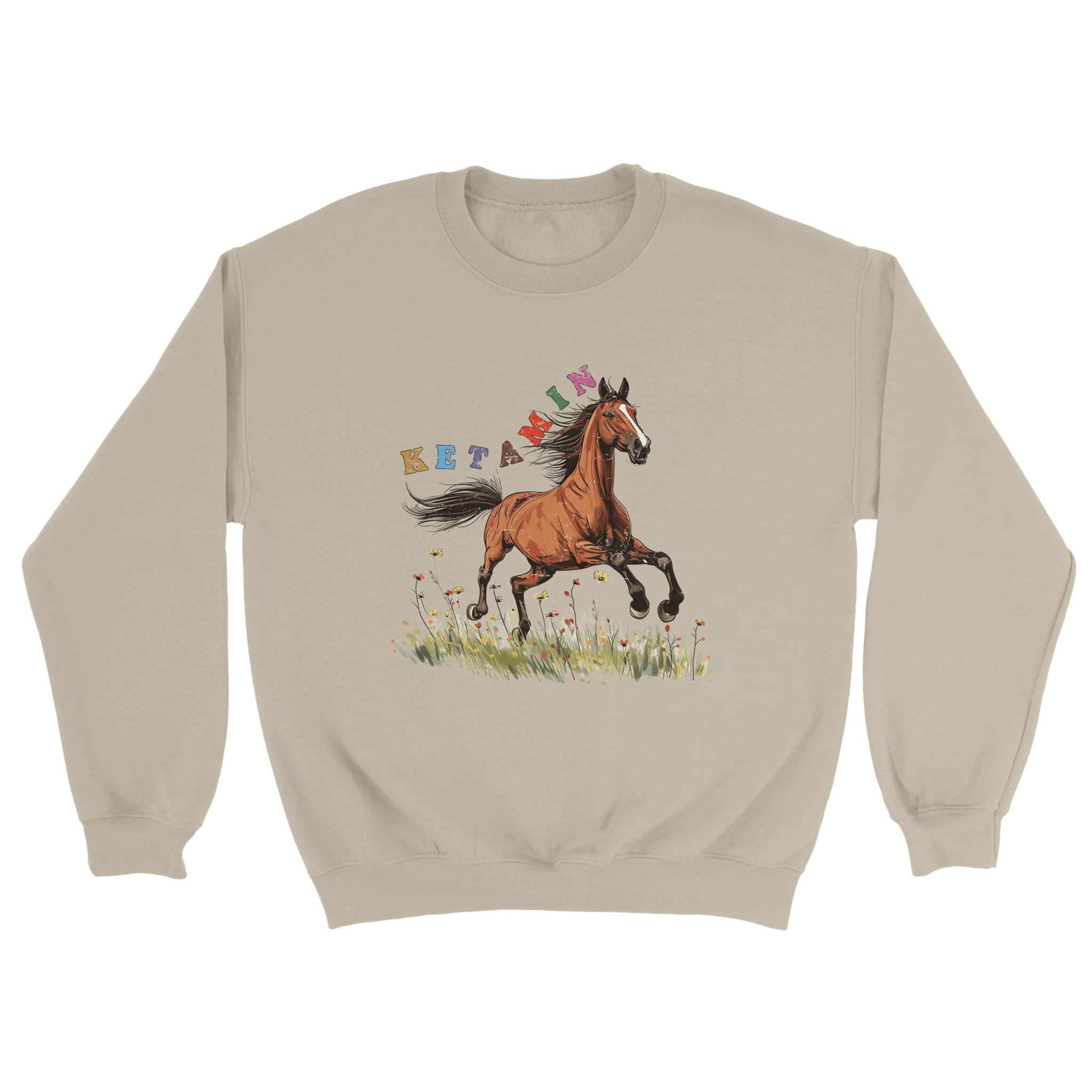 sandfarbener Sweater mit einem Pferd und der bunten Aufschrift Ketamin