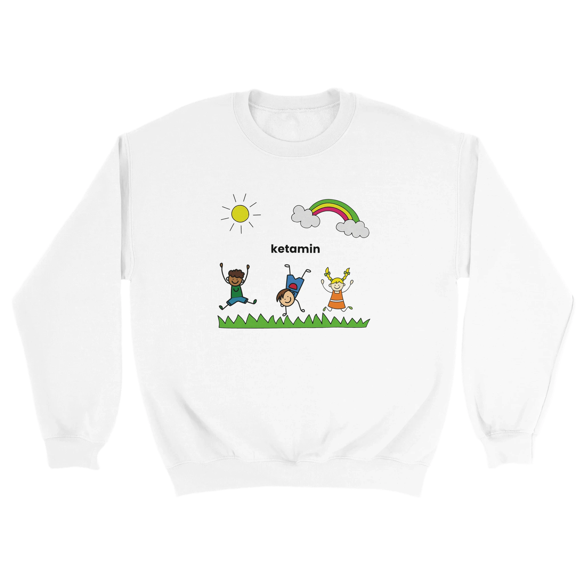 weißer Sweater mit Kinderzeichnungen und dem Wort Ketamin in der Mitte