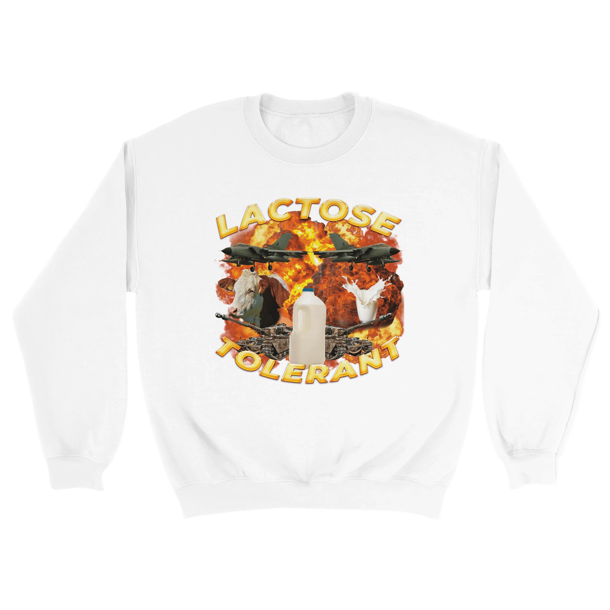 weißer Sweater mit der Aufschrift Lactose Tolerant. Mit einer Explosion, Panzern, Kühen und Jets.