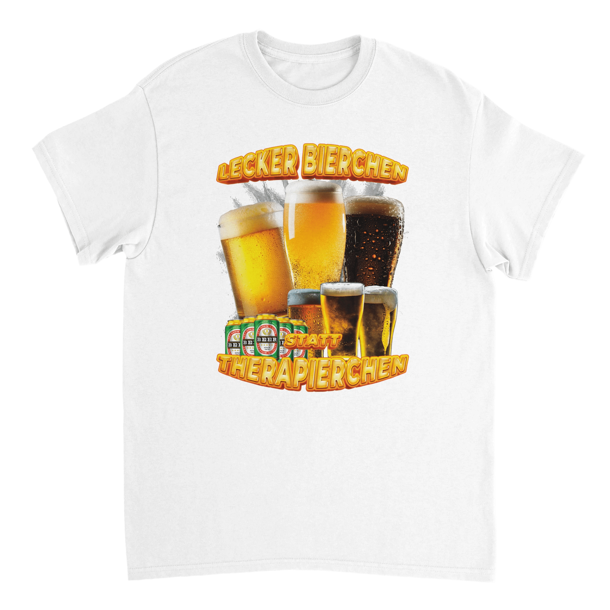 T-Shirt mit der Aufschrift Lecker Bierchen statt Therapierchen mit Bierflaschen im 90s Style