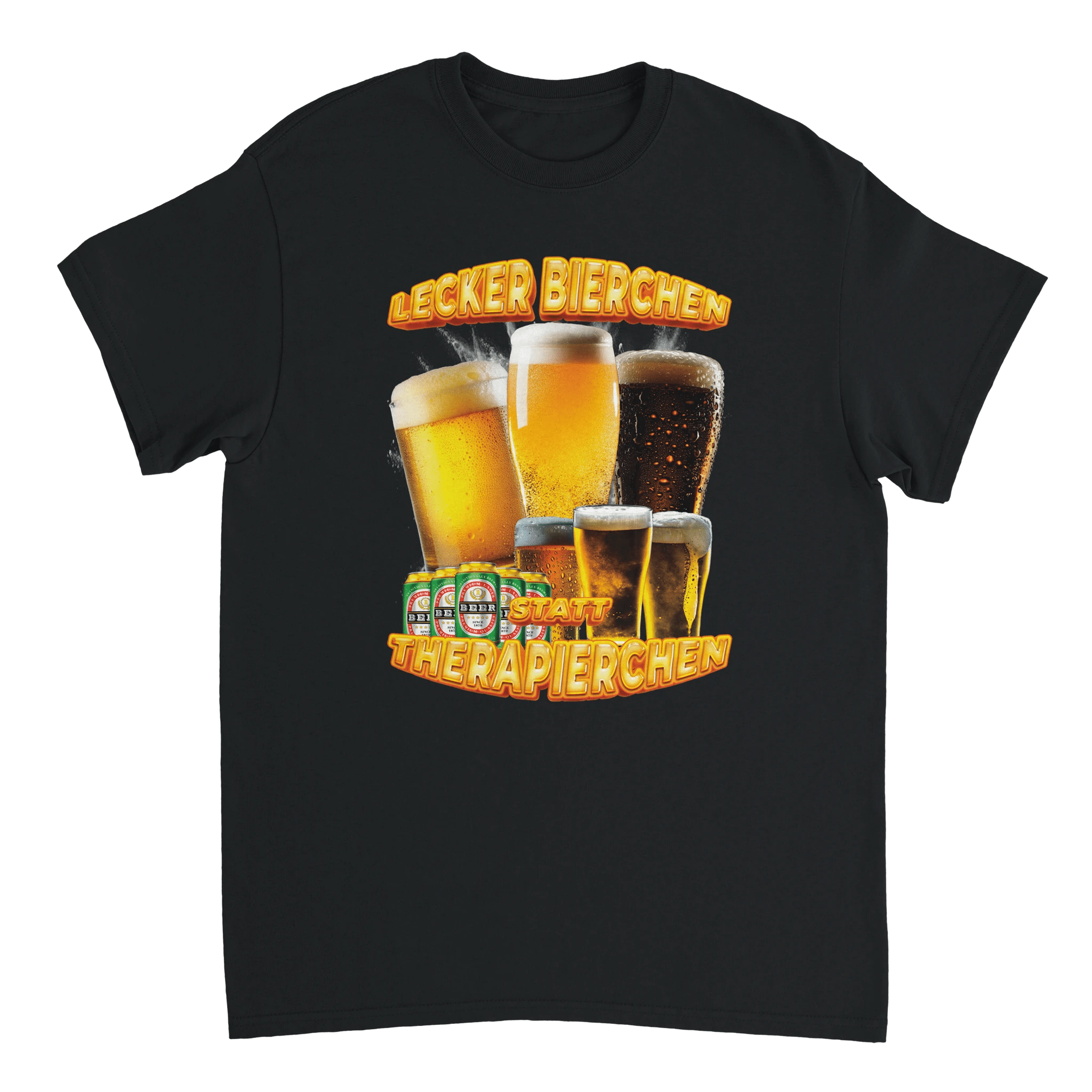 schwarzes T-Shirt mit der Aufschrift Lecker Bierchen statt Therapierchen mit Bierflaschen im 90s Style