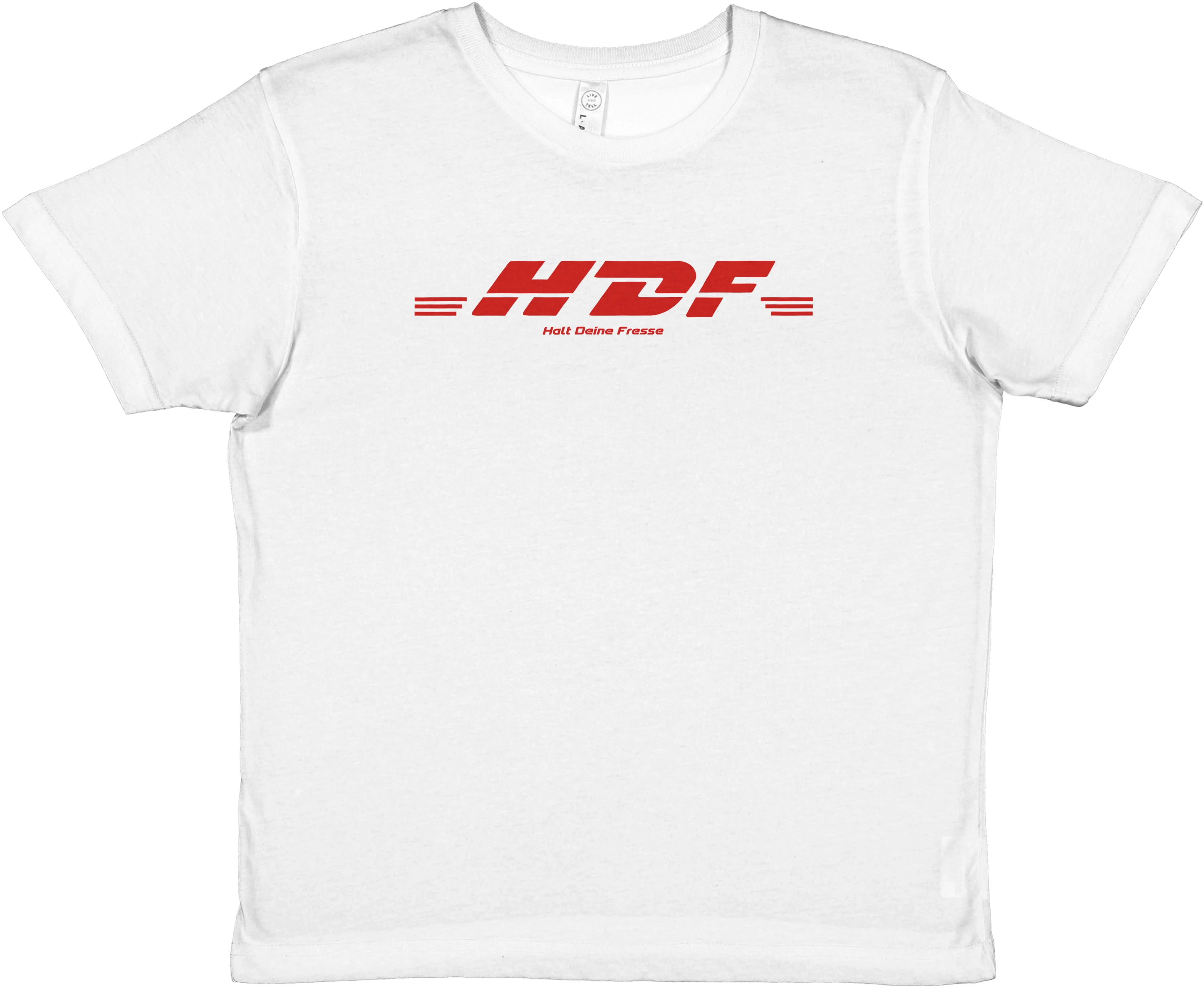 weißes Baby Tee mit der Aufschrift HDF "Halt Deine Fresse"