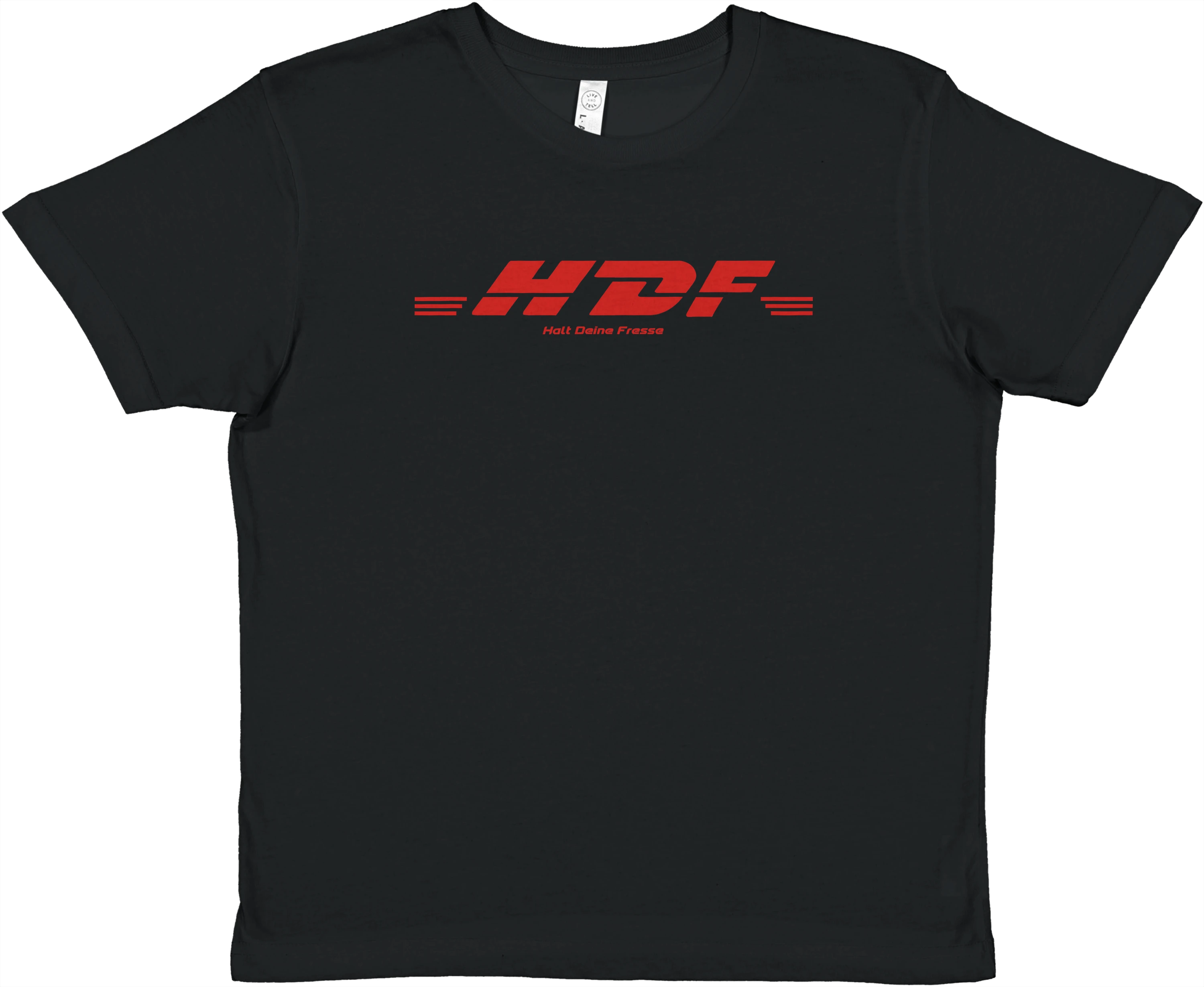 schwarzes Baby Tee mit der Aufschrift HDF "Halt Deine Fresse"