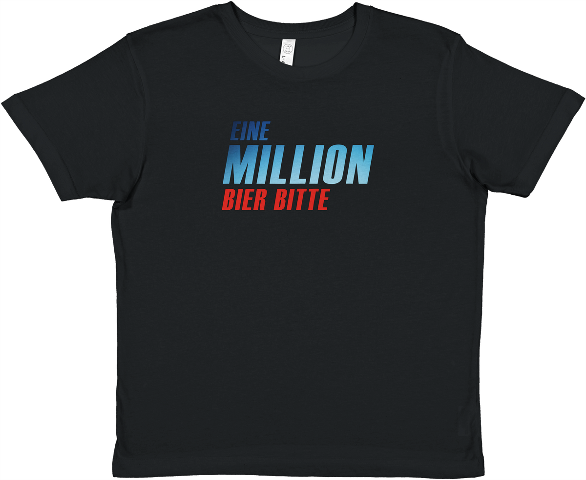 Schwarzes Baby Tee mit Brustprint „Eine Million Bier bitte“ in kursiver Schrift, blau-rot