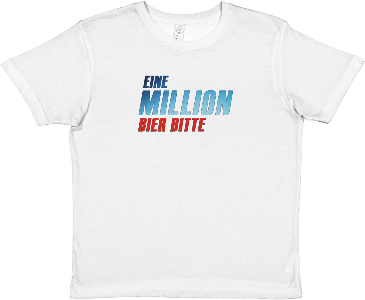 Weißes Baby Tee mit Brustprint „Eine Million Bier bitte“ in kursiver Schrift, blau-rot