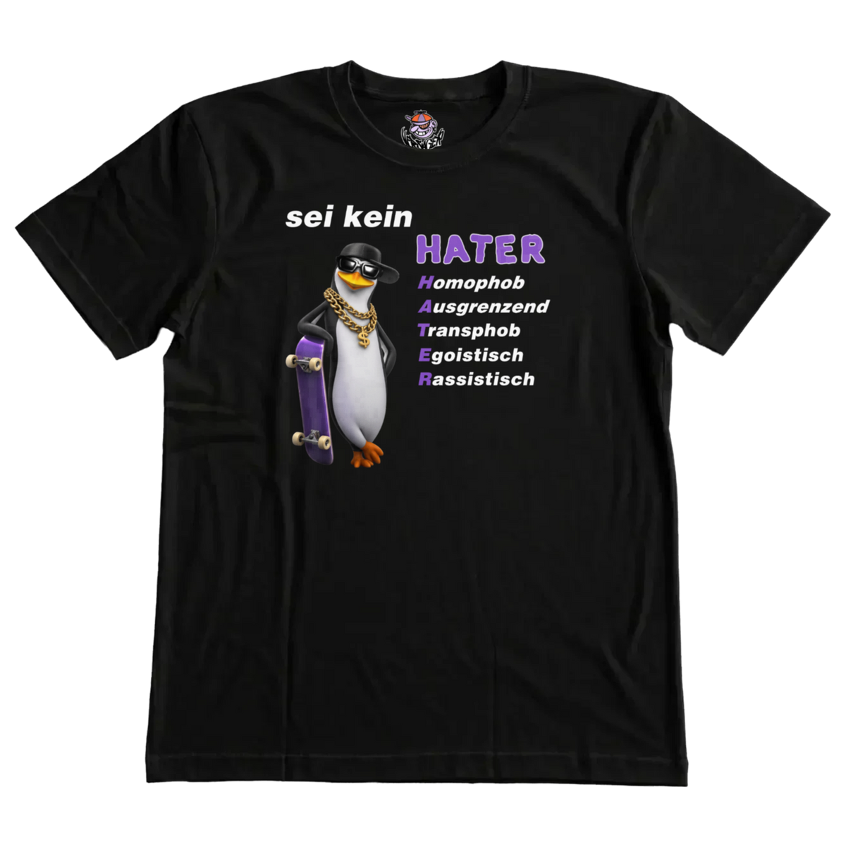 Schwarzes T-Shirt mit Frontprint „sei kein HATER“, Pinguin mit Cap, Sonnenbrille und lila Skateboard