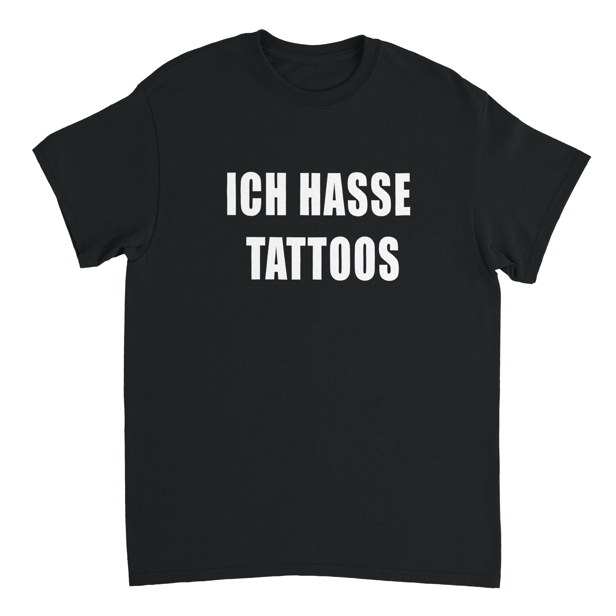 Schwarzes T-Shirt mit der Aufschrift Ich hasse Tattoos