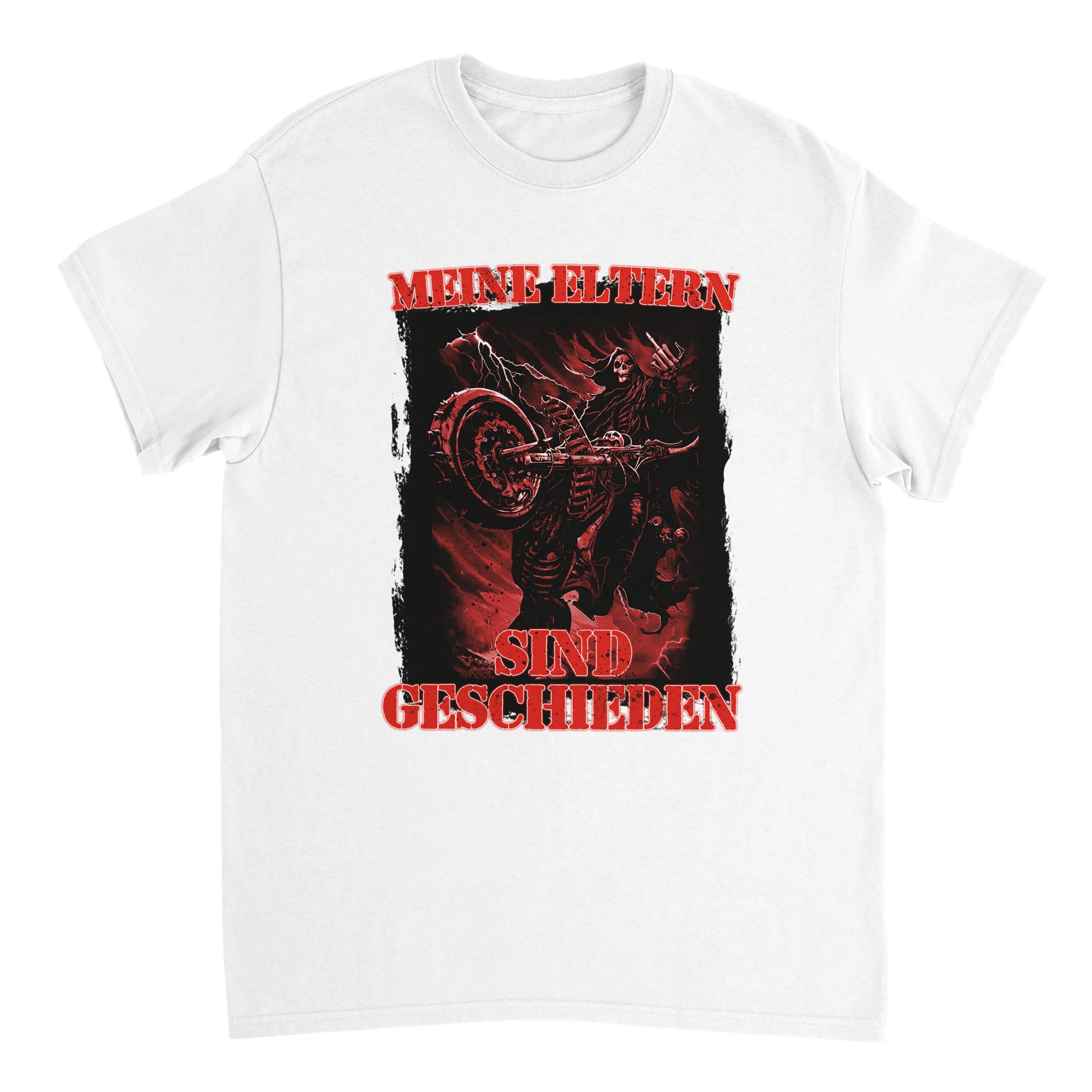Meine Eltern sind geschieden T-Shirt mit einem Skelett, das einen Wheelie auf einem Motorrad macht