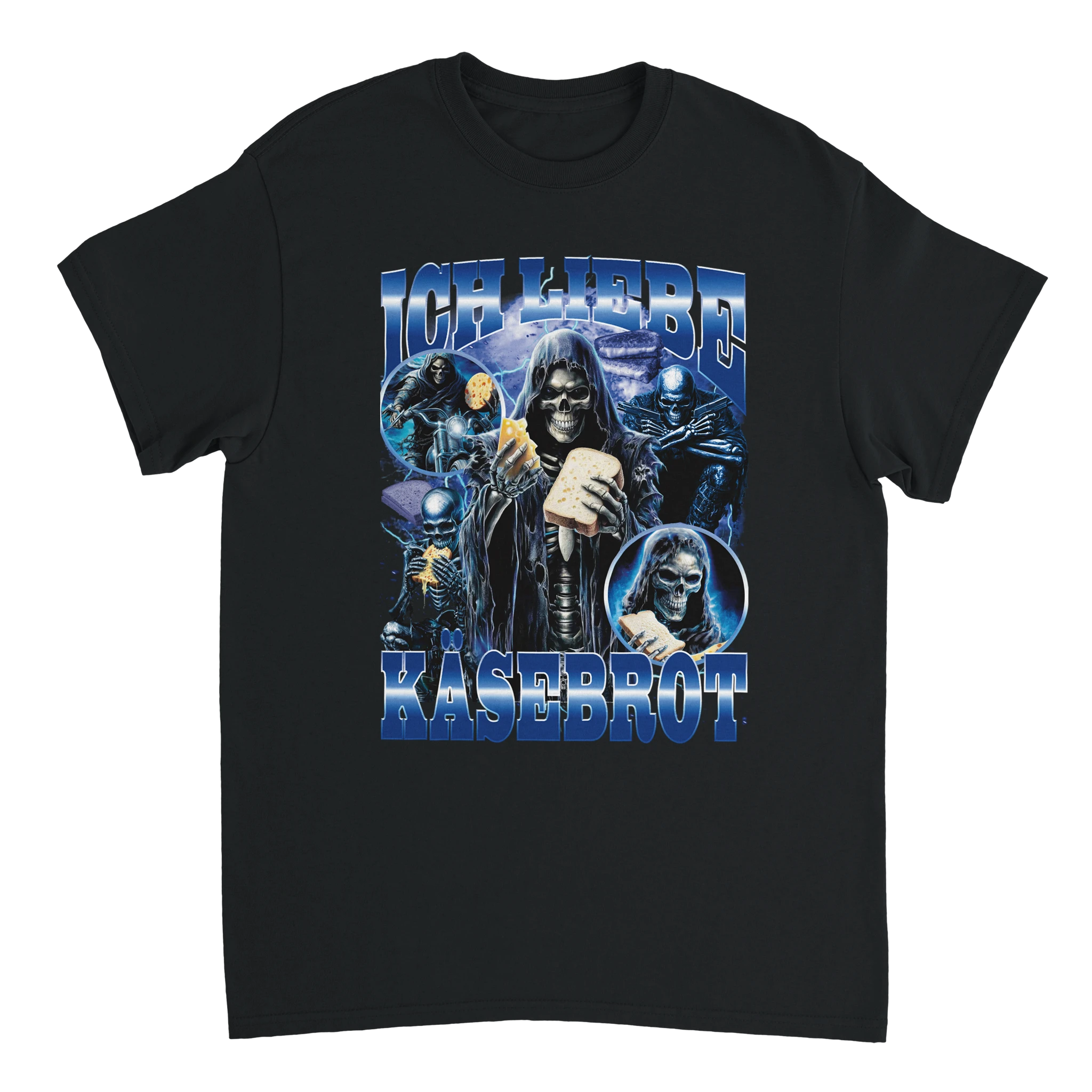 Ich liebe Käsebrot Meme T-Shirt in schwarz und blauem Aufdruck mit Skeletten