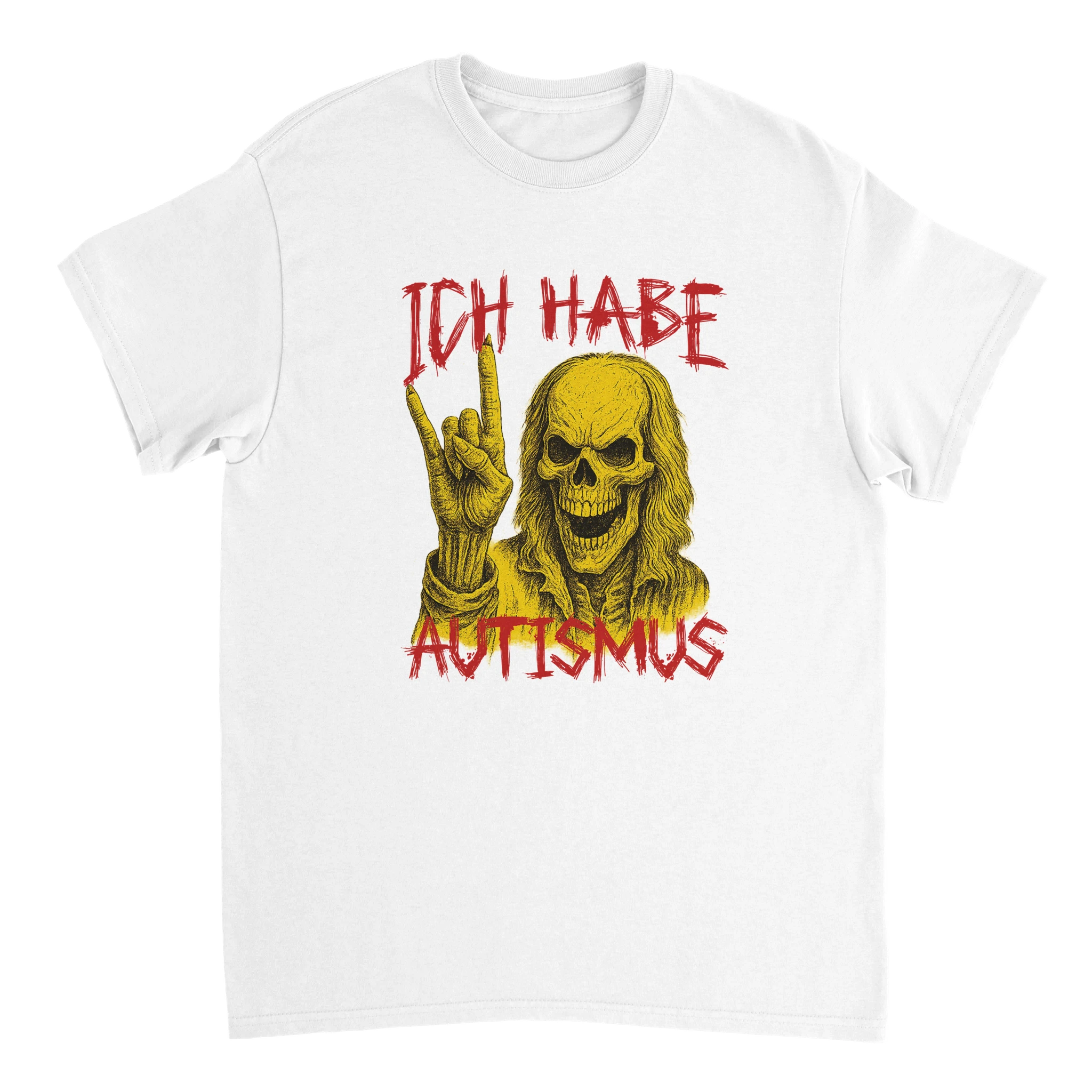Ich habe Autismus Meme T-Shirt mit roter grunge Schrift und gelben Totenkopf