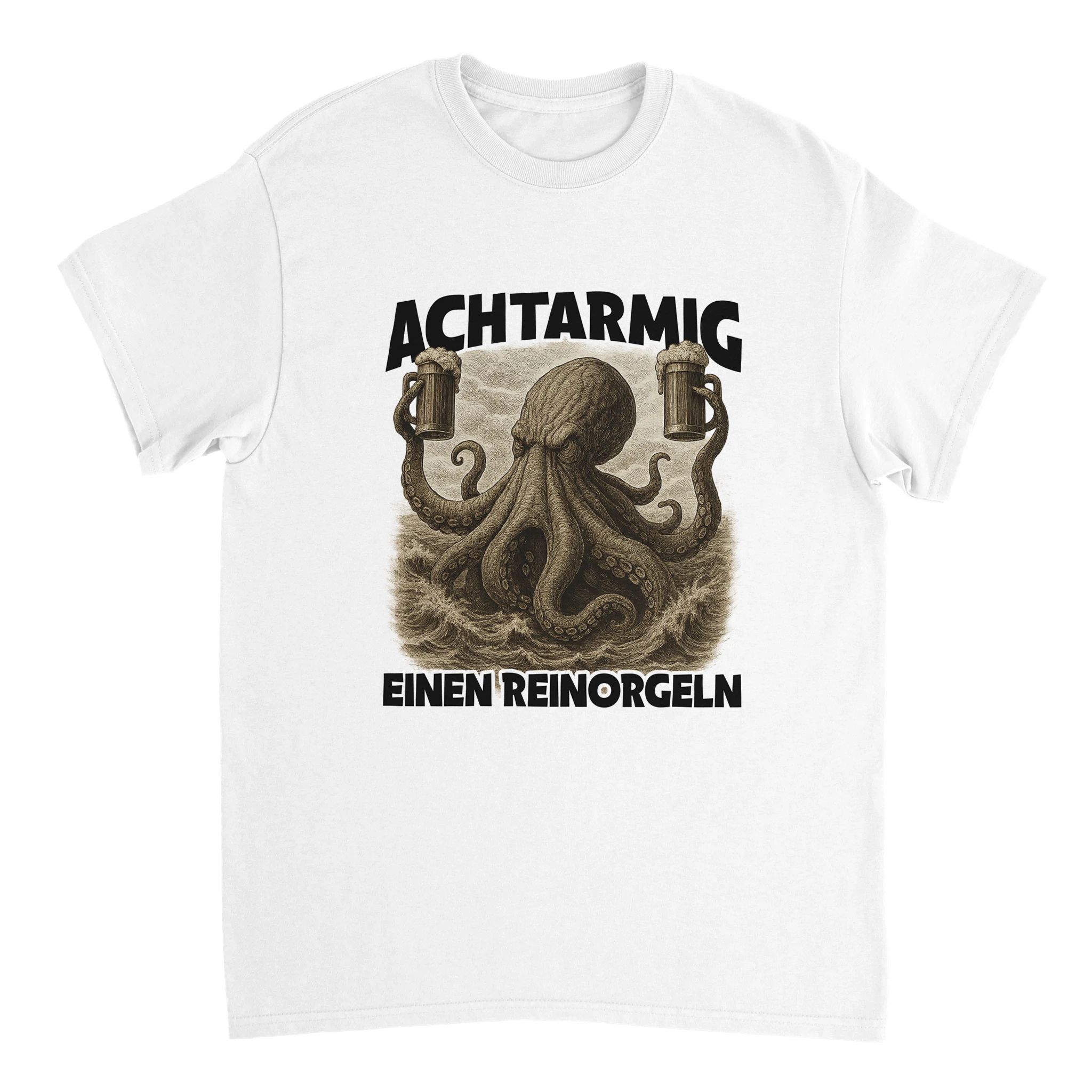 Achtarmig einen Reinorgeln T-Shirt mit einer Krake die Bier in den Tentakeln hält