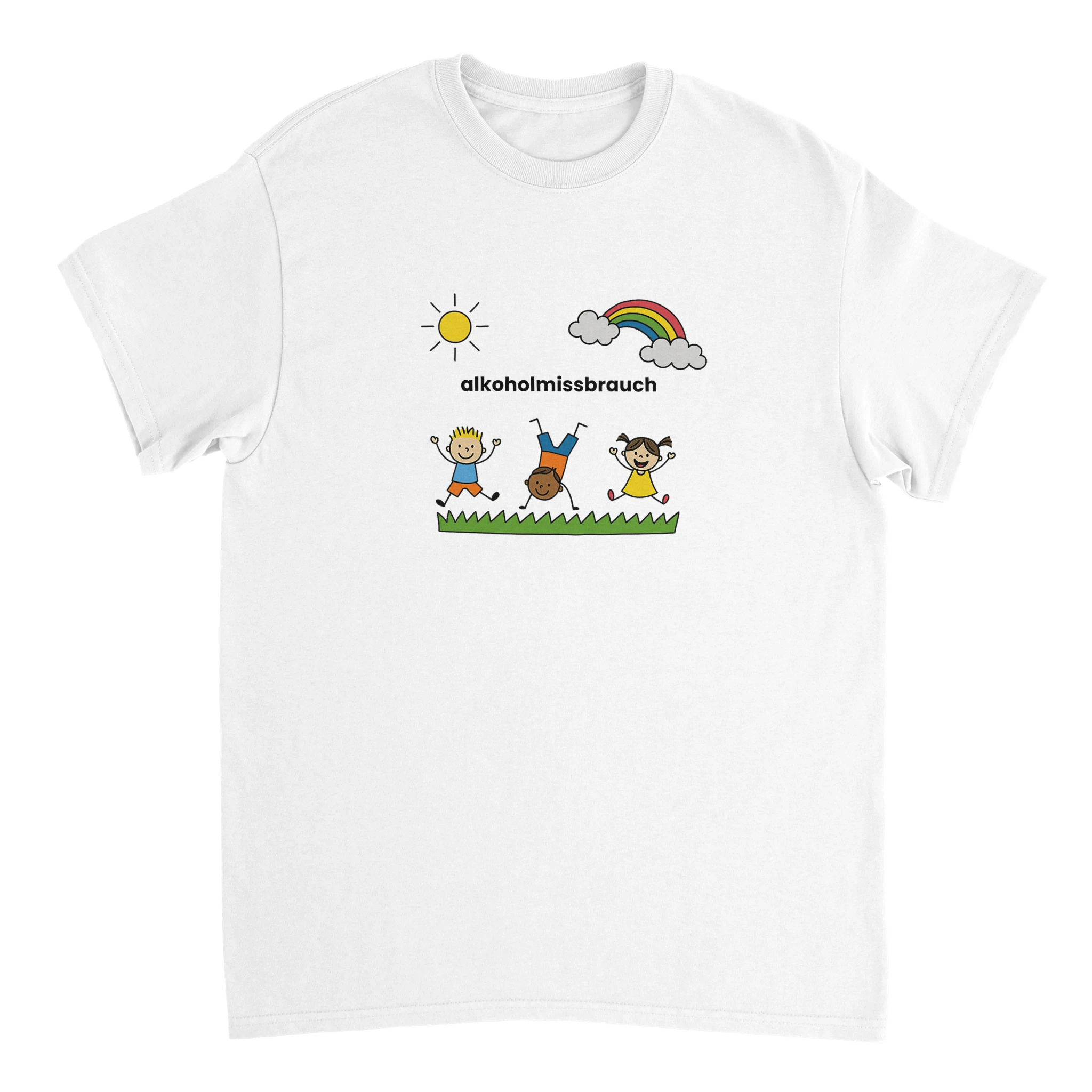 weißes T-Shirt mit Handzeichnungen von Kindern, Regenbogen und einer Sonne mit der Aufschrift alkoholmissbrauch
