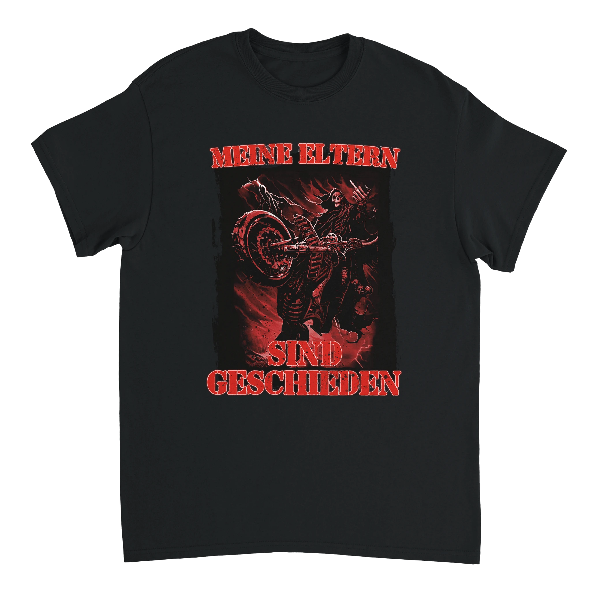 Meine Eltern sind geschieden T-Shirt mit einem Skelett, das einen Wheelie auf einem Motorrad macht