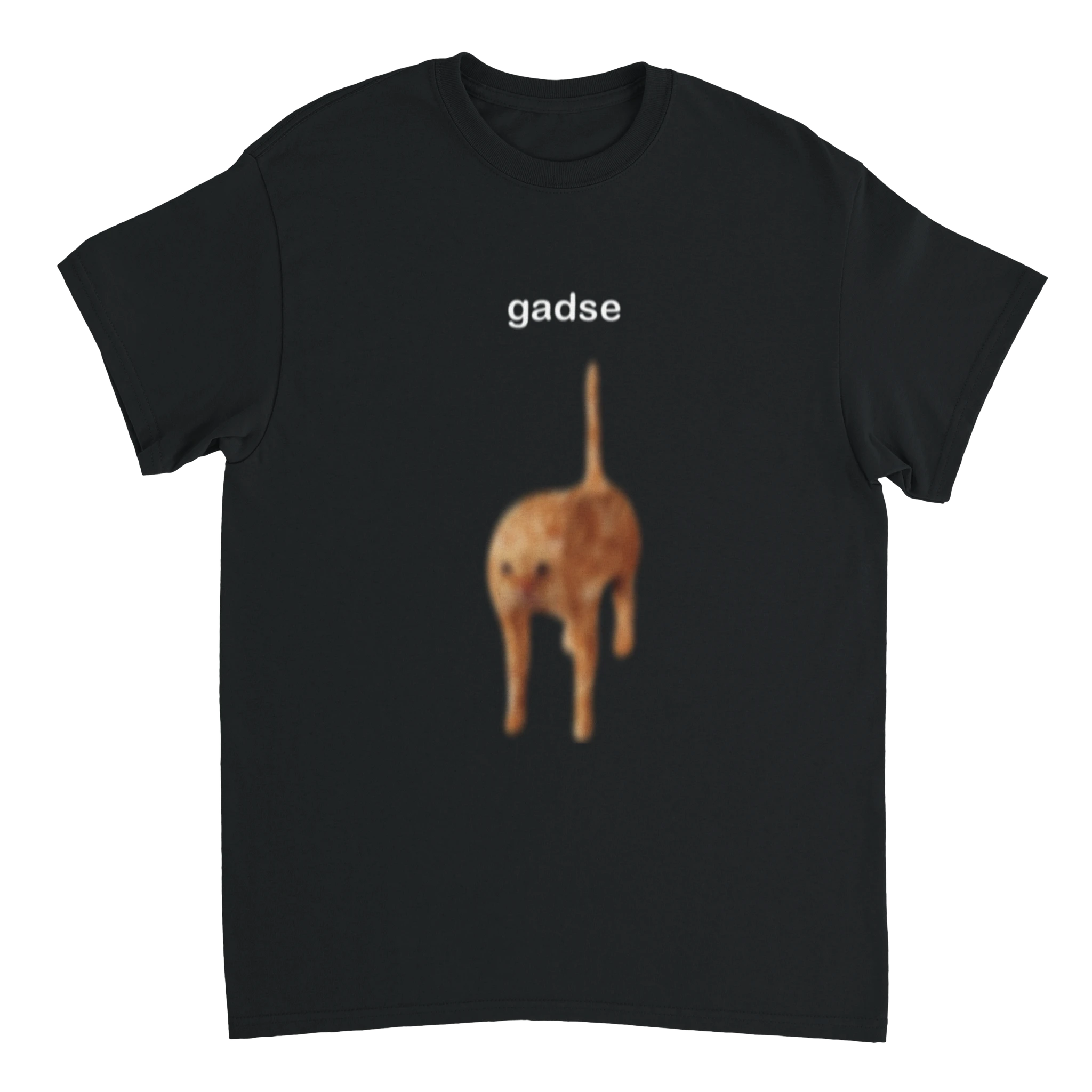 T-shirt mit der aufschrift "gadse" und einer Katze in schwarz