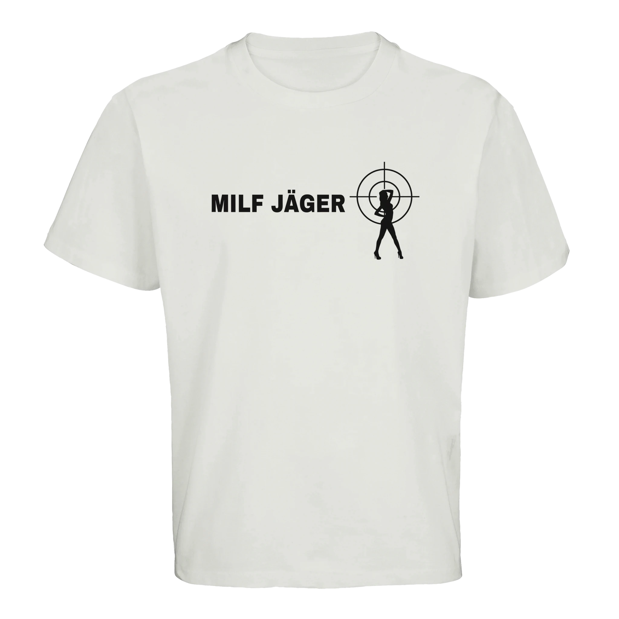 weißes Oversized T-Shirt mit der Aufschrift Milf Jäger und Fadenkreuz