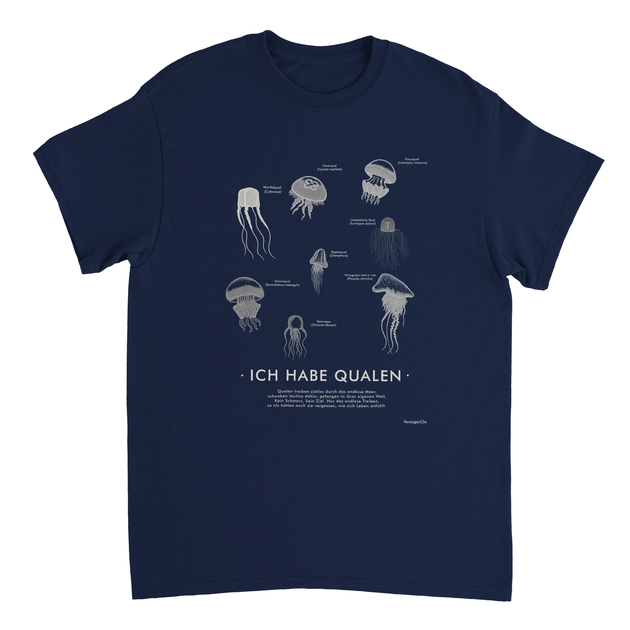 Meme T-Shirt mit der Aufschrift Ich habe Qualen und abgebildeten Quallen in Dunkelblau