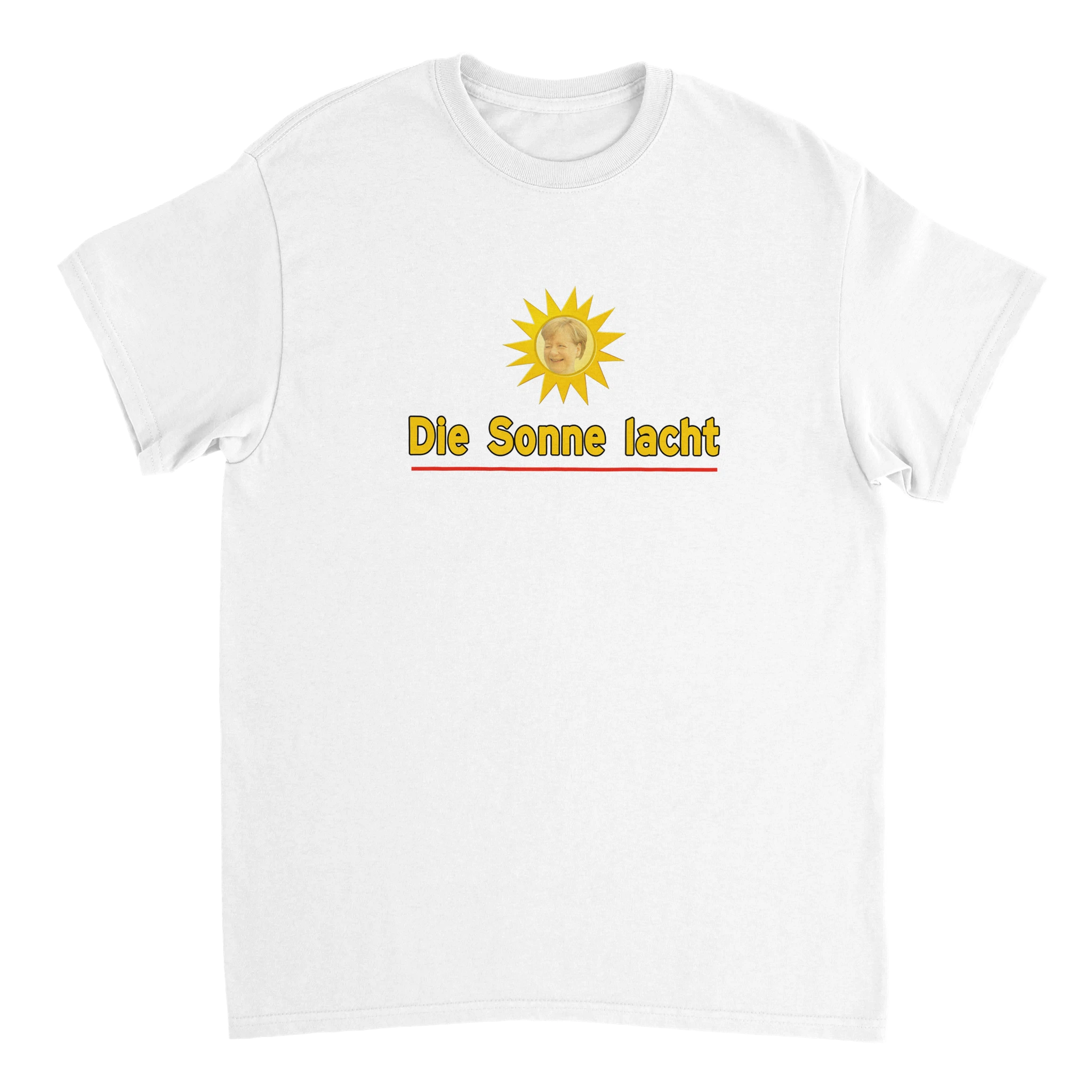 weißes T-Shirt mit der Aufschrift "Die Sonne lacht" mit Merkels Gesicht in einer Sonne
