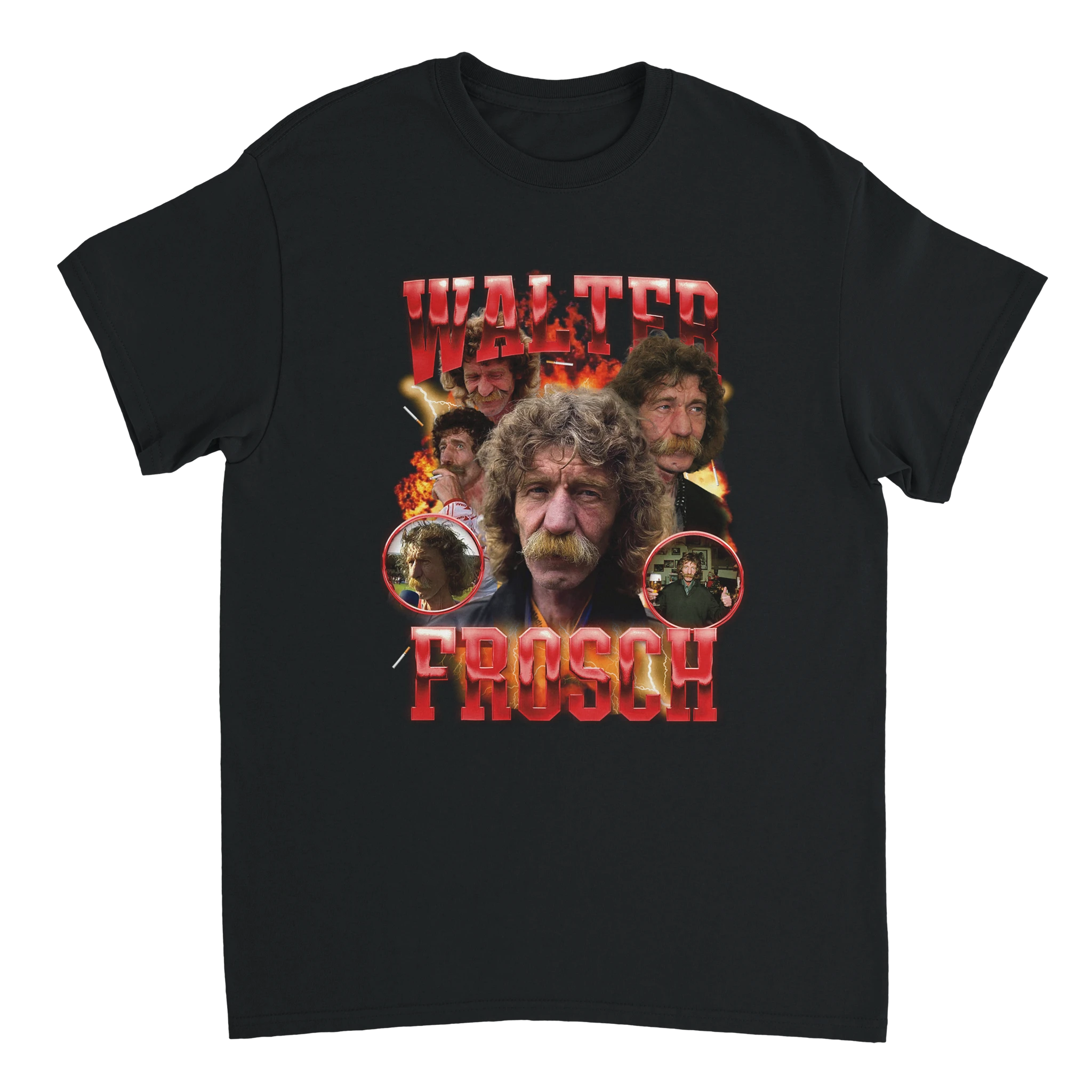 schwarzes T-Shirt mit einem roten Aufdruck von Walter Frosch