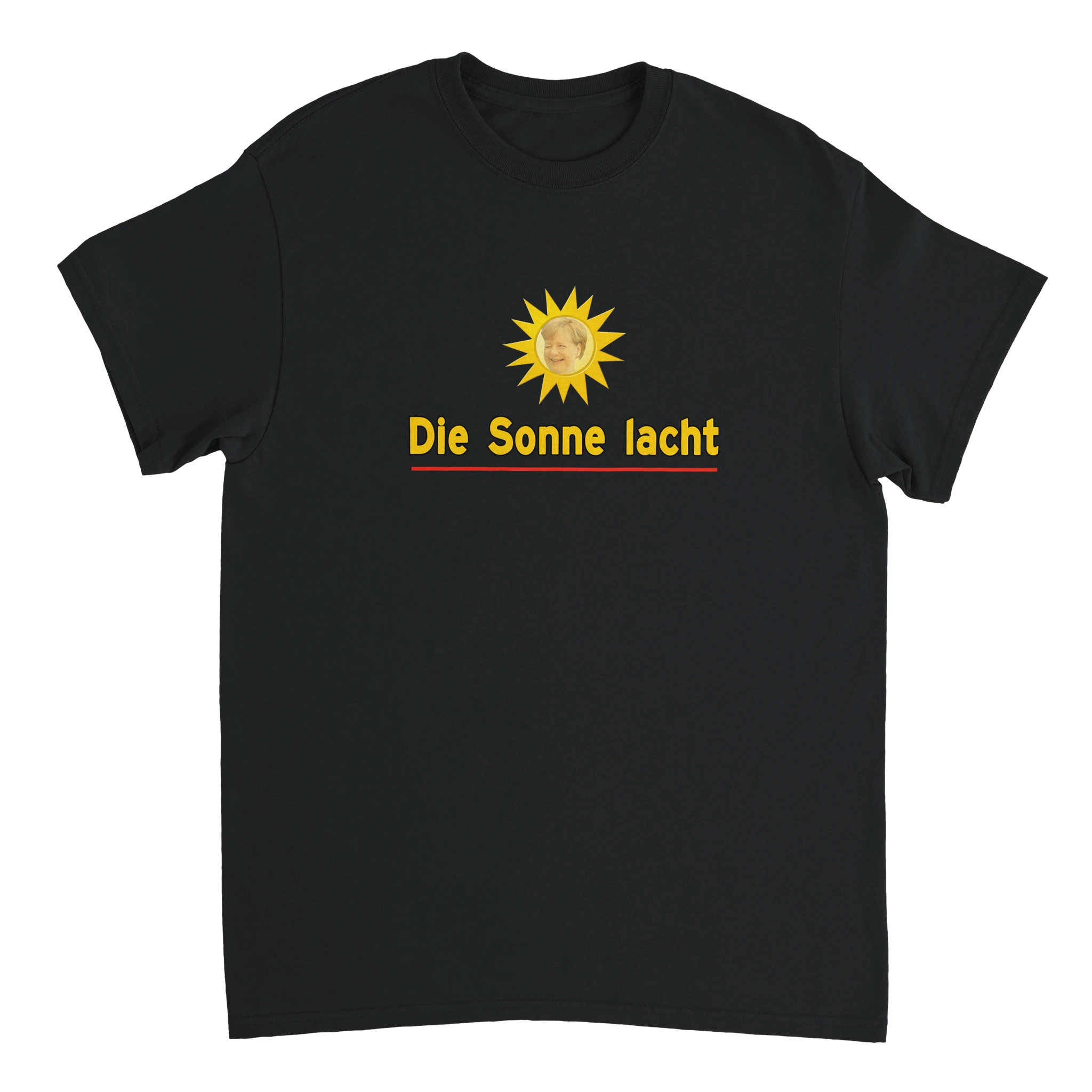 schwarzes T-Shirt mit der Aufschrift "Die Sonne lacht" mit Merkels Gesicht in einer Sonne