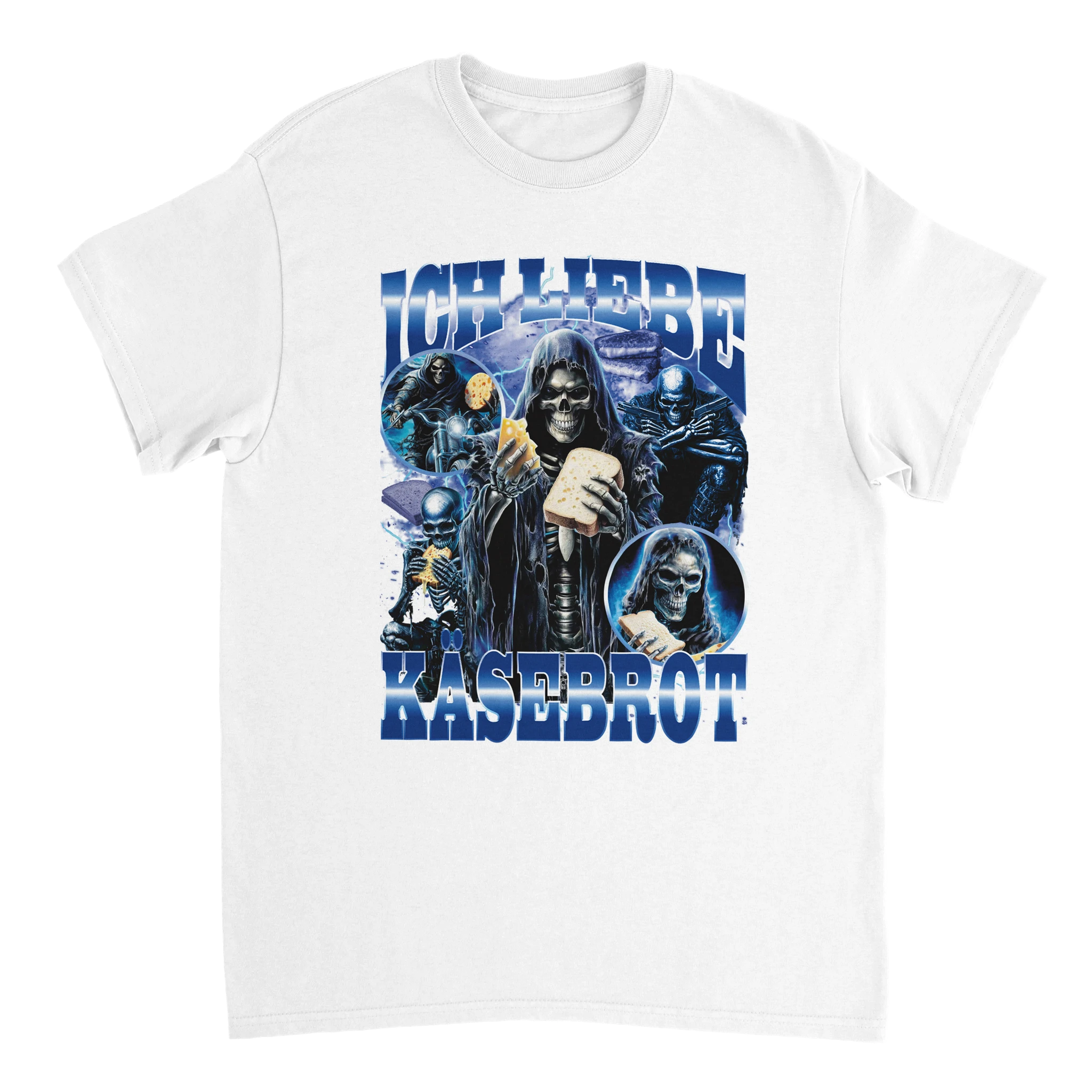 Ich liebe Käsebrot Meme T-Shirt in weiß und blauem Aufdruck mit Skeletten