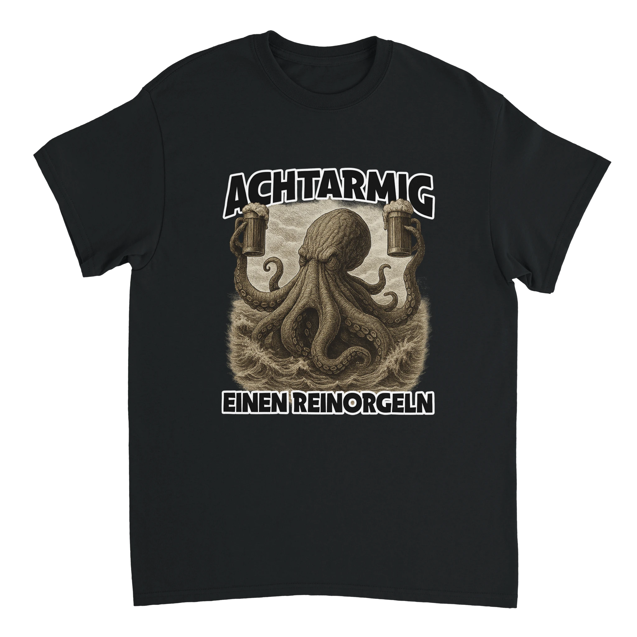 Achtarmig einen Reinorgeln T-Shirt mit einer Krake die Bier in den Tentakeln hält