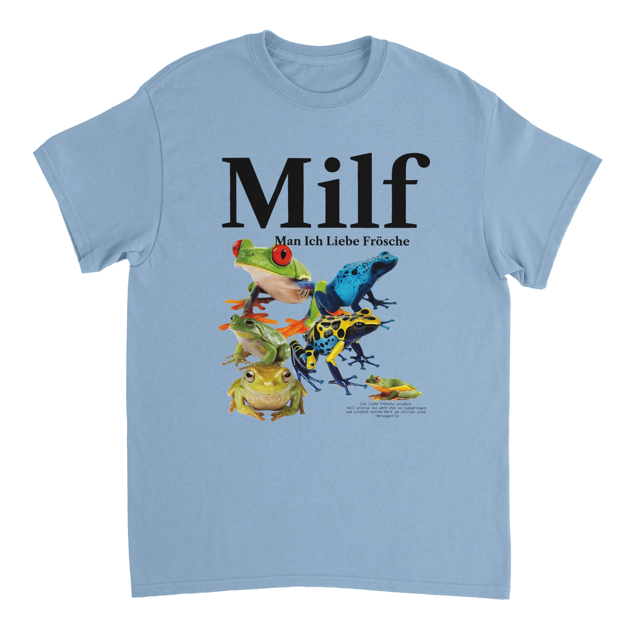 Hellblaues Meme T-Shirt mit der Aufschrift Milf, Man Ich Liebe Frösche und abgebildeten Fröschen