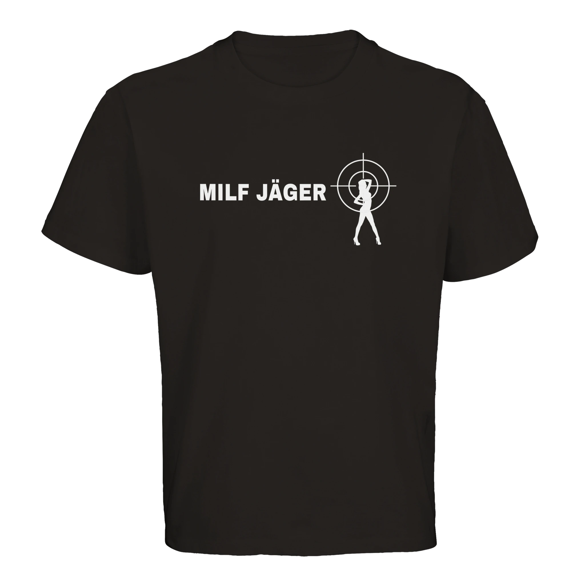 schwarzes Oversized T-Shirt mit der Aufschrift Milf Jäger und Fadenkreuz