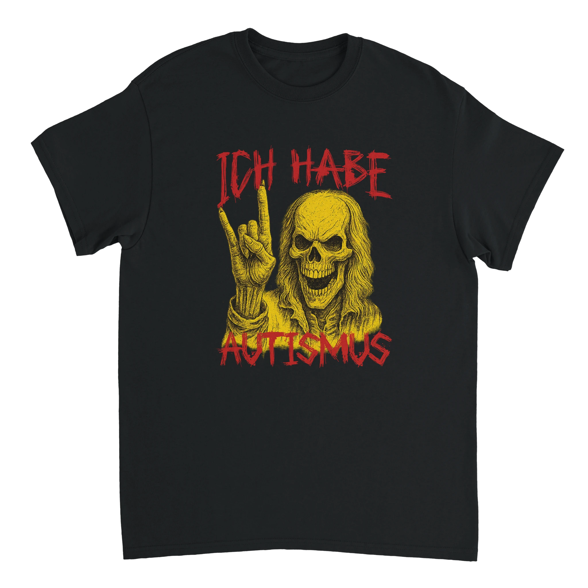 Ich habe Autismus Meme T-Shirt mit roter grunge Schrift und gelben Totenkopf