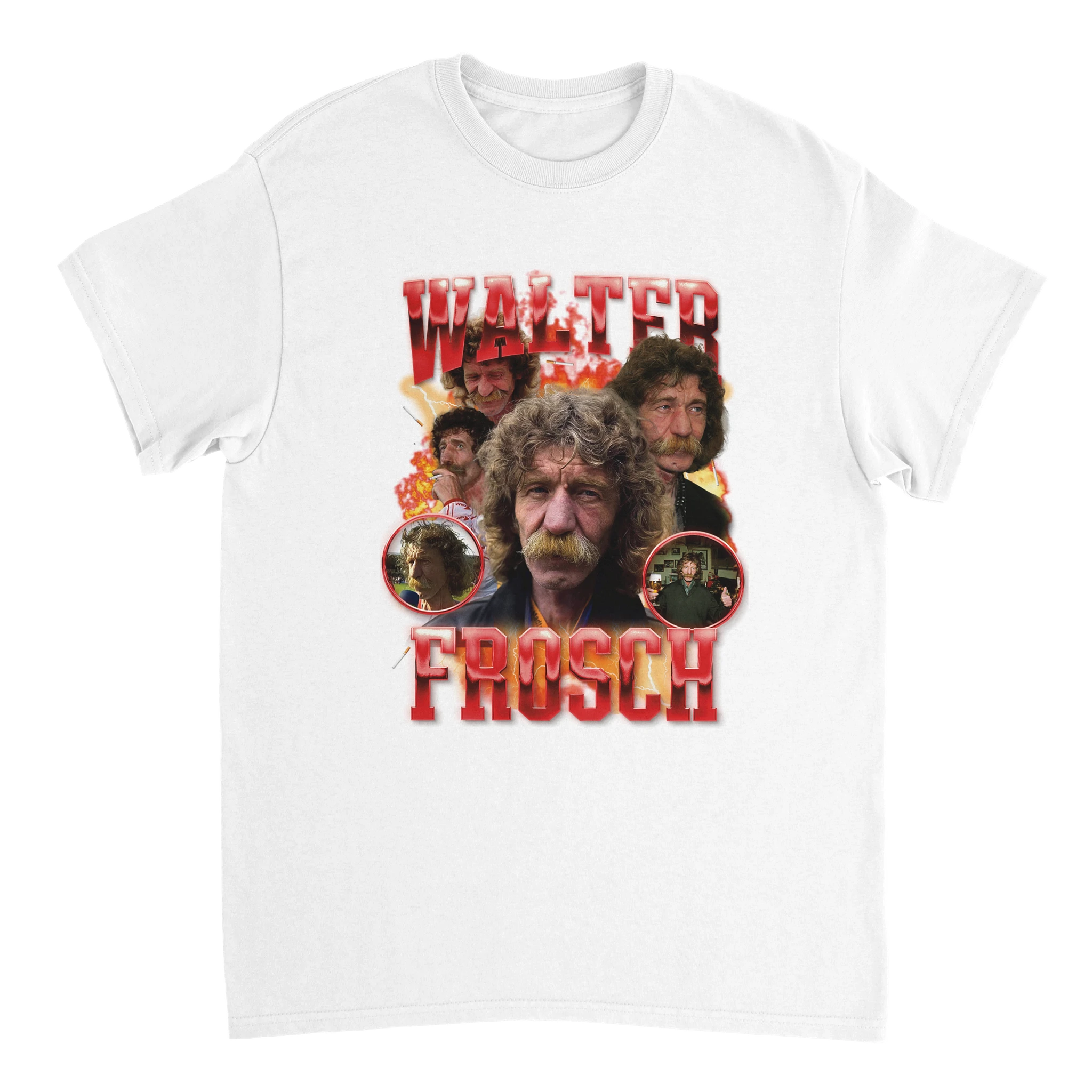 weißes T-Shirt mit einem roten Aufdruck von Walter Frosch