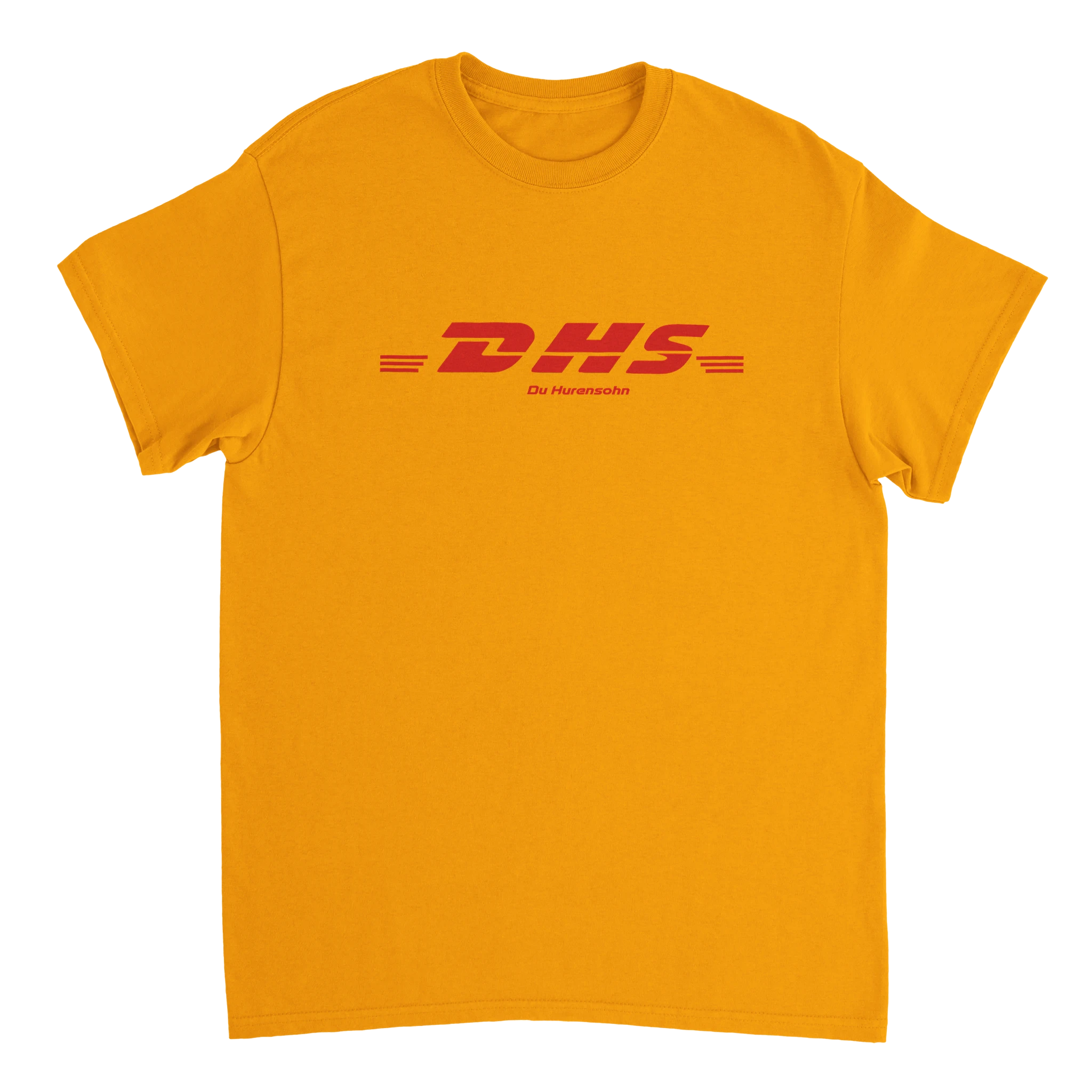 orangenes Meme T-Shirt mit der Aufschrift DHS Du Hurensohn