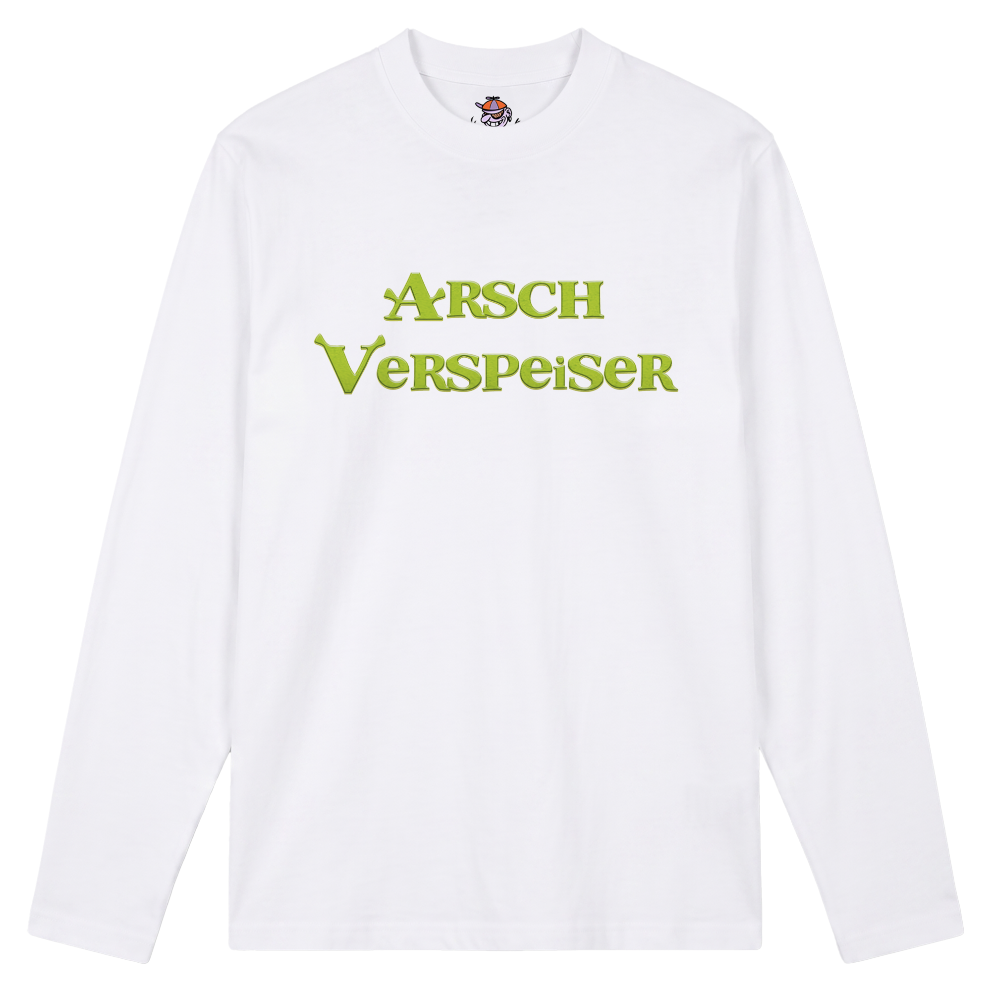 Produktbild weißes Longsleeve mit der Aufschrift "Arsch Verspeiser"