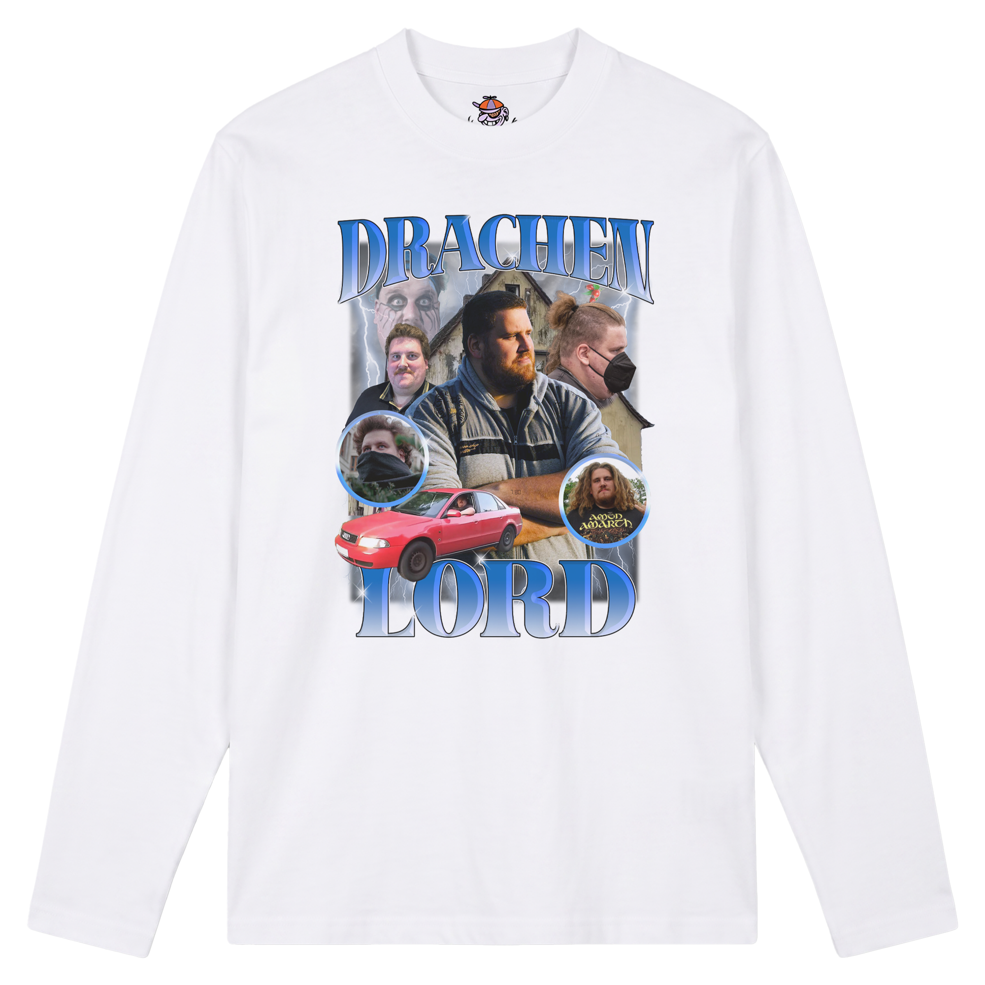 Produktbild weißes Longsleeve mit der Aufschrift "Drachenlord"