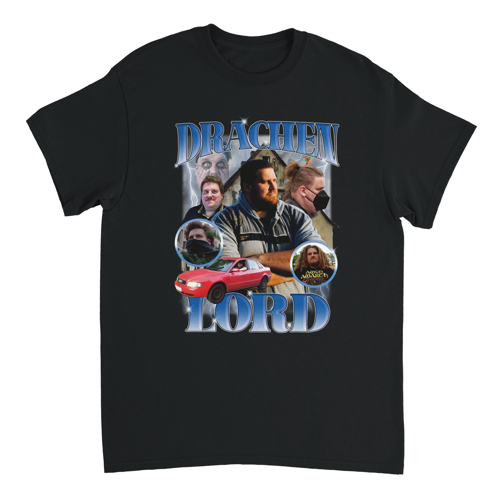 schwarzes T-Shirt mit Drachenlord / Rainer Winkler abgebildet