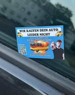 Visitenkarte mit der Aufschrift "Wir kaufen dein Auto leider nicht"