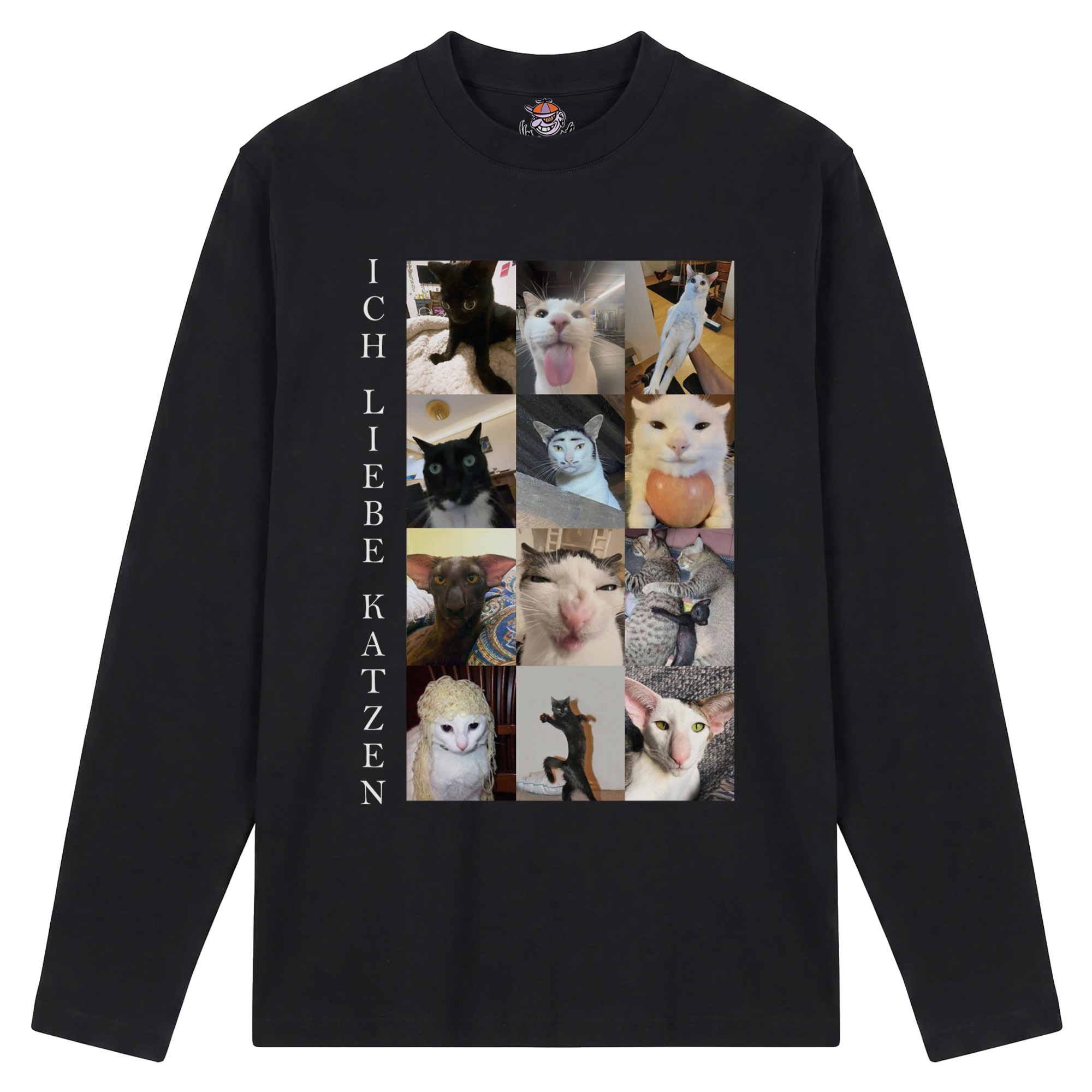 Schwarzes Longsleeve mit der Auschrift "Ich liebe Katzen" und einer Kollage von 12 Katzen