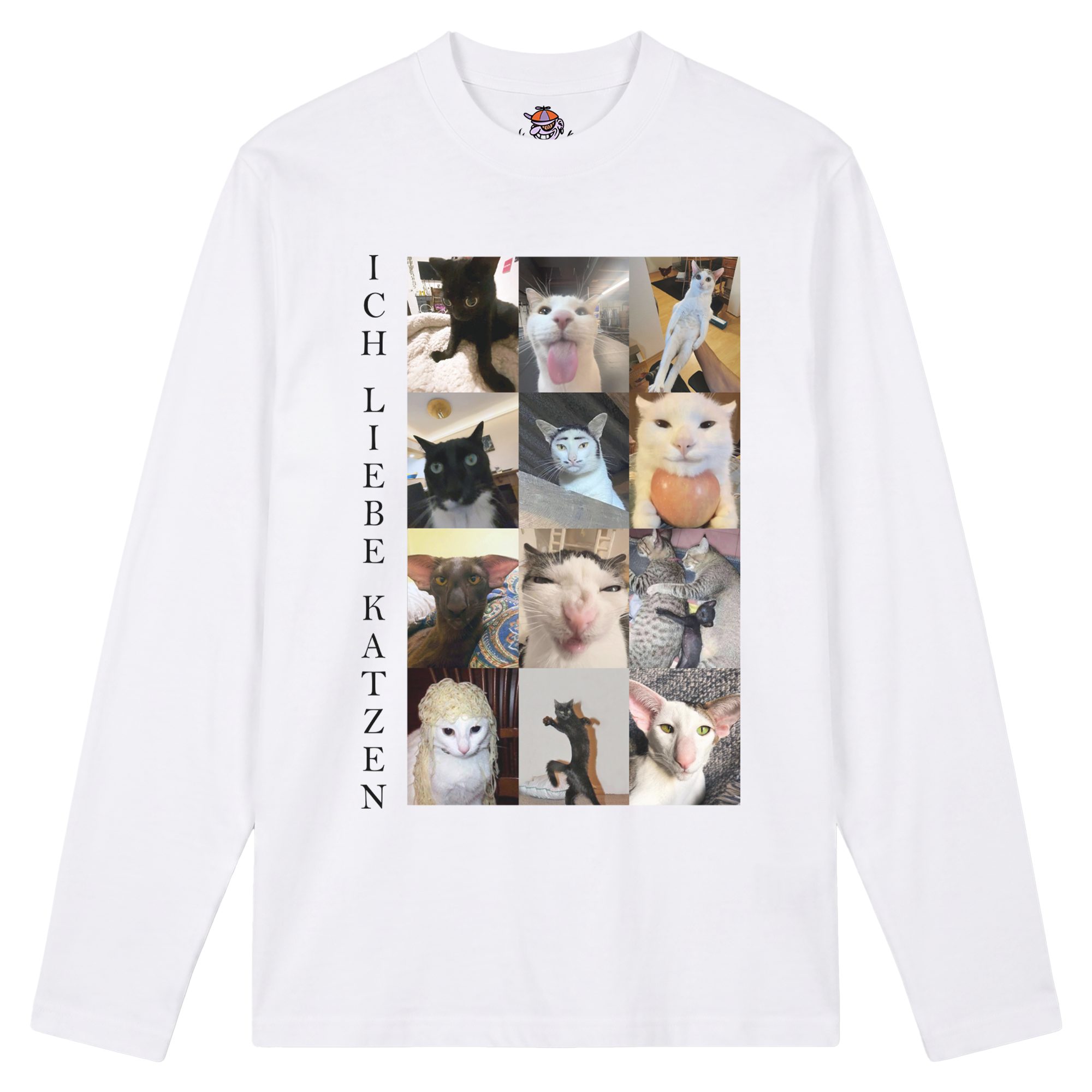 Weißes Longsleeve mit der Auschrift "Ich liebe Katzen" und einer Kollage von 12 Katzen