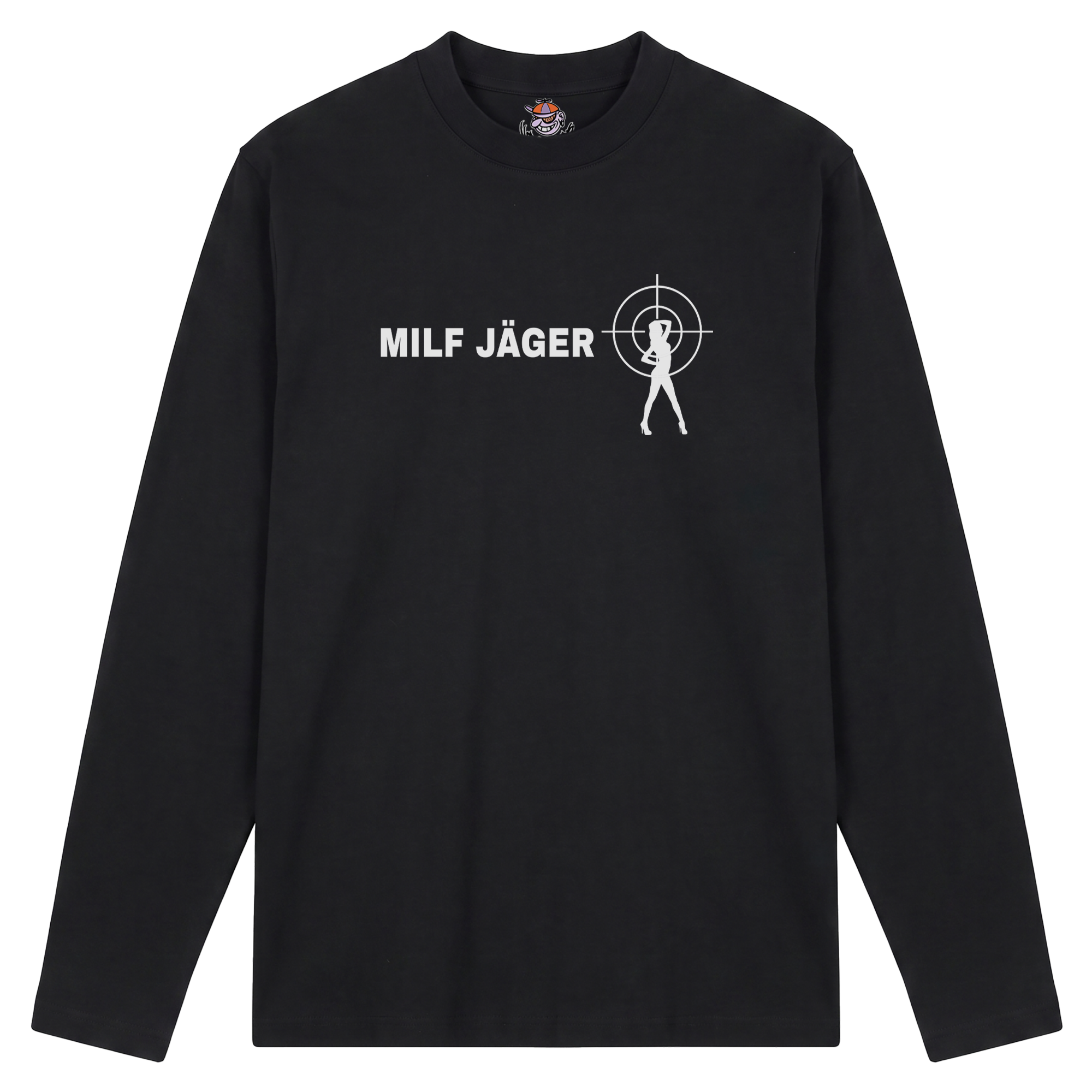Produktbild schwarzes Longsleeve mit der Aufschrift "Milf Jäger" und einem Fadenkreuz