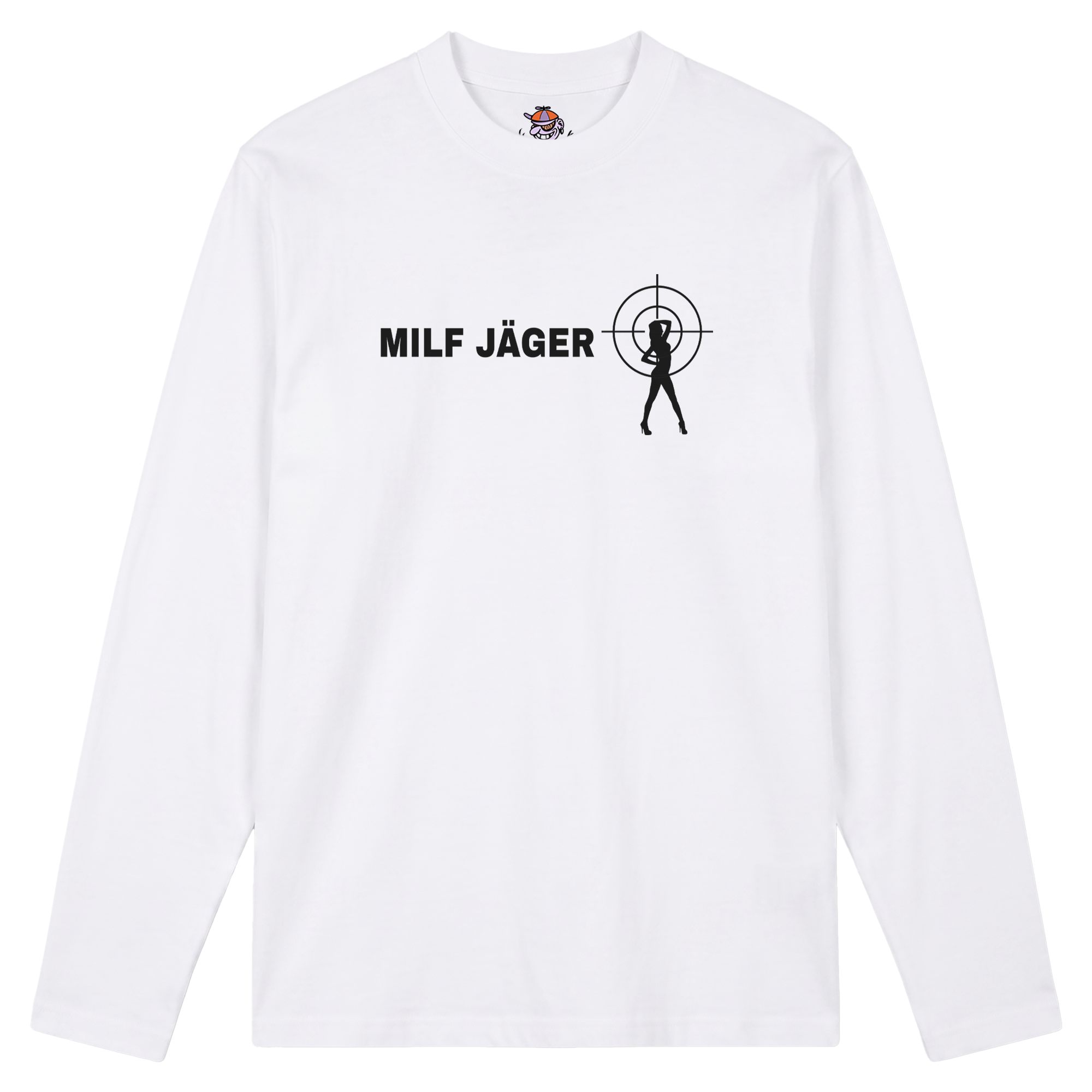Produktbild weißes Longsleeve mit der Aufschrift "Milf Jäger" und einem Fadenkreuz