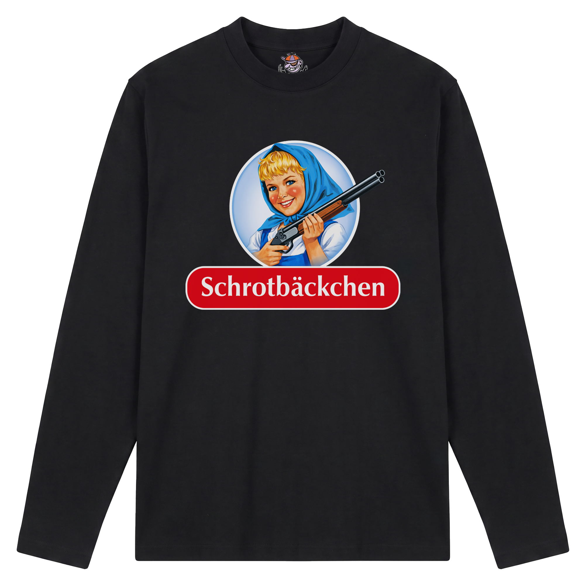 Produktbild schwarzes Longsleeve mit der Aufschrift "Schrotbäckchen"