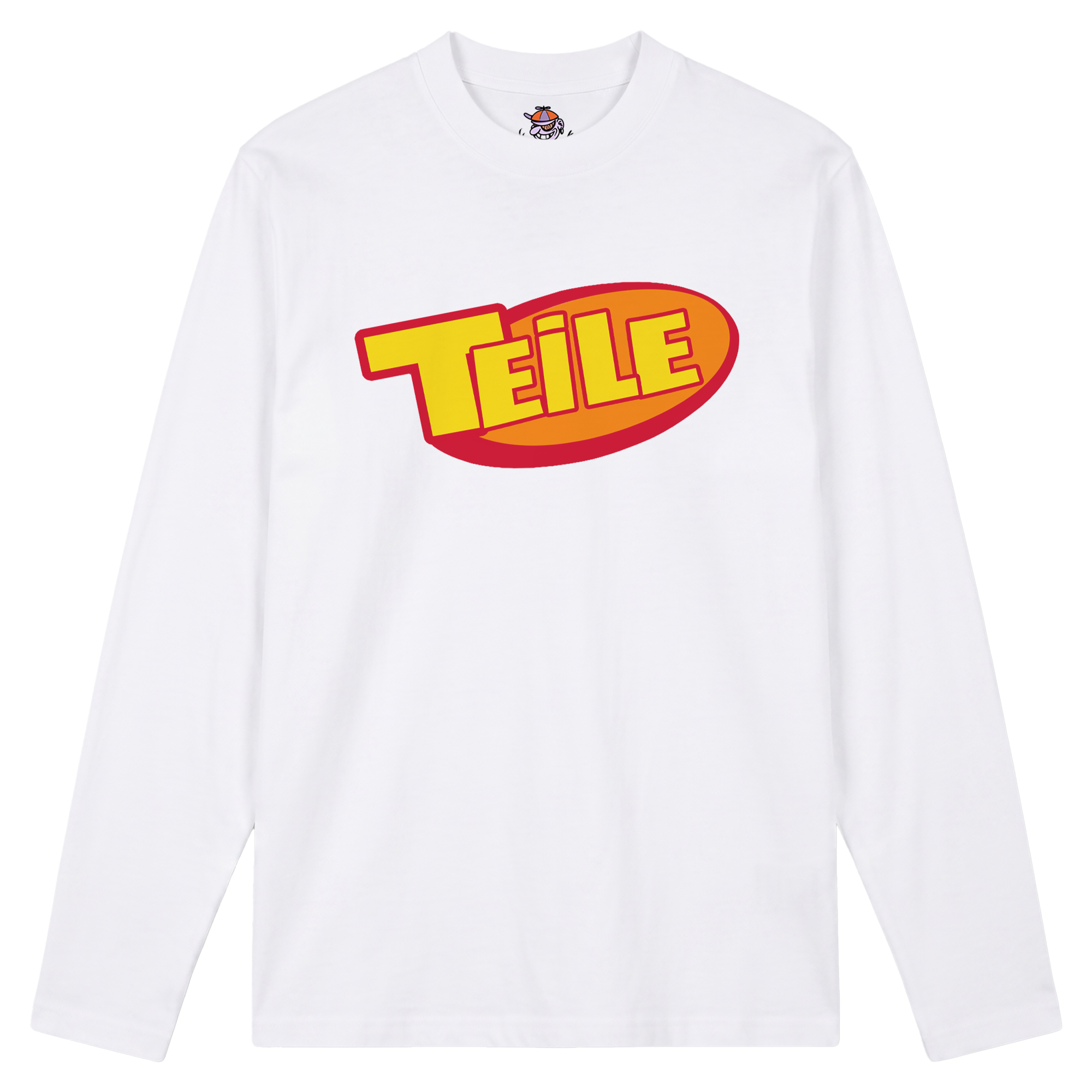 Weißes Longsleeve mit der Auschrift "Teile"
