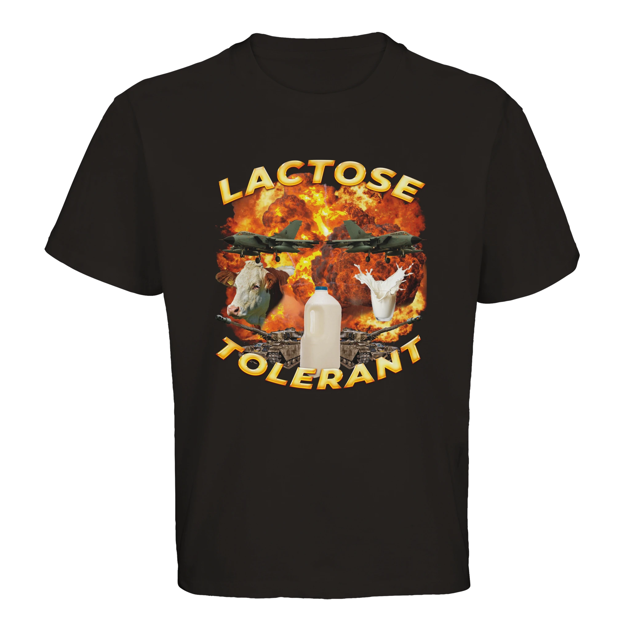 Lactose Tolerant Oversized Meme T-Shirt in schwarz mit Panzern, Kühen und Explosionen