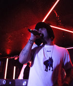 Acidfrank performt auf der Bühne mit Mikrofon in der Hand mit dem Ferd T-Shirt