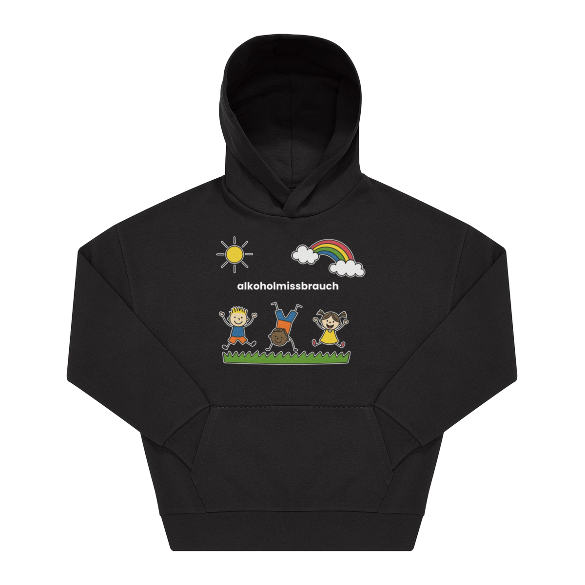 Schwarzer Hoodie mit Spruch „alkoholmissbrauch", Frontprint im Kinderbuch-Stil mit springenden Figuren, Sonne und Regenbogen.